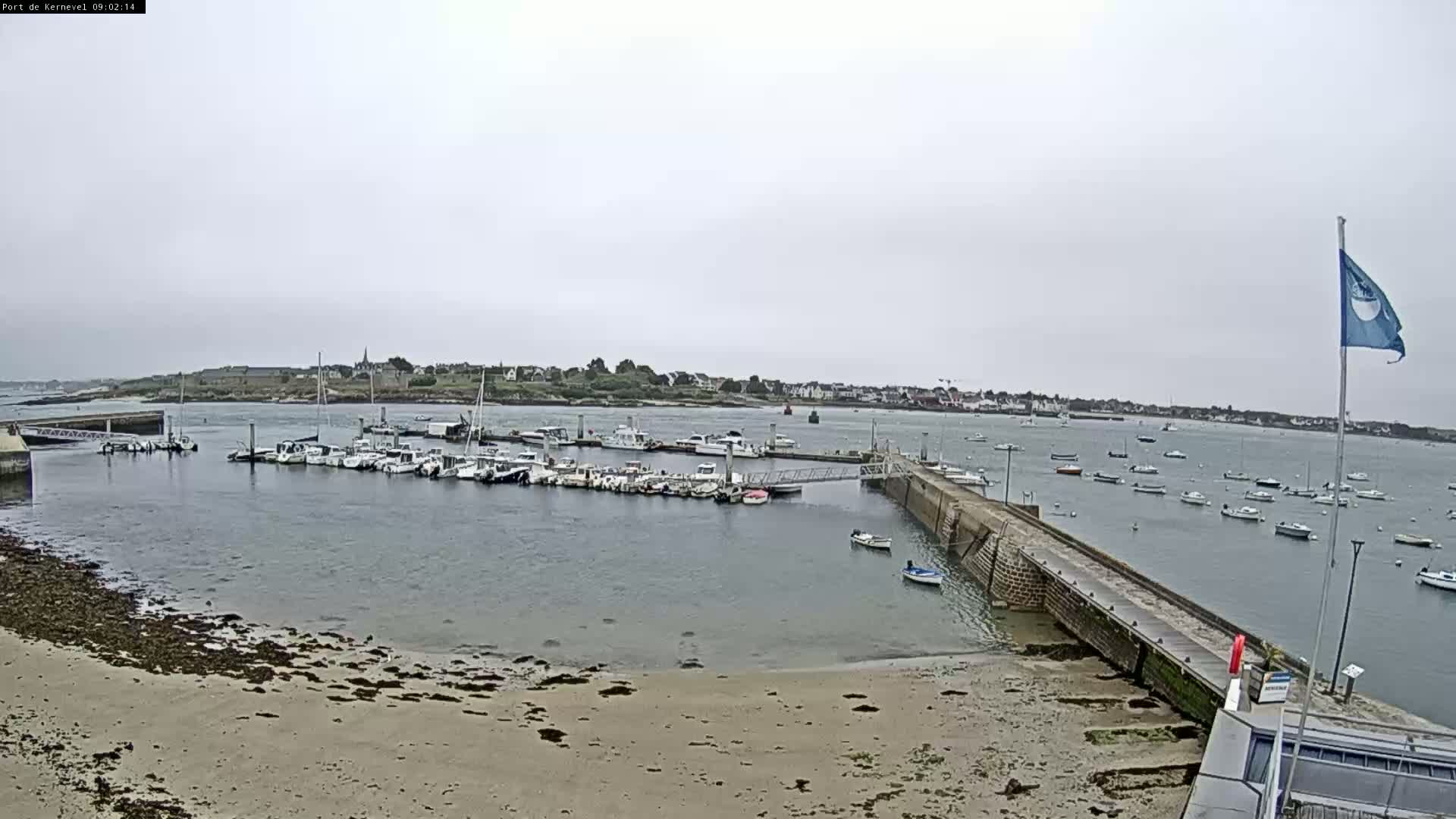 A harbor filled with numerous boats is shown under an overcast sky, with a sandy beach and a small town visible in the background.