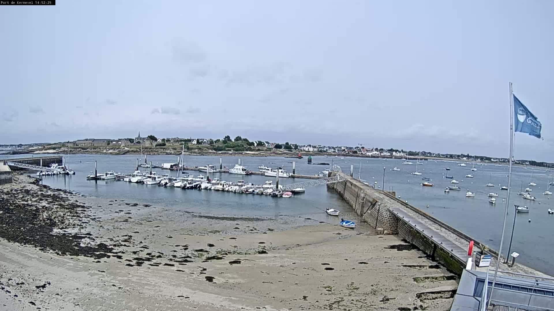A marina filled with numerous boats is situated on a calm, overcast day next to a sandy shore and a small town in the distance.