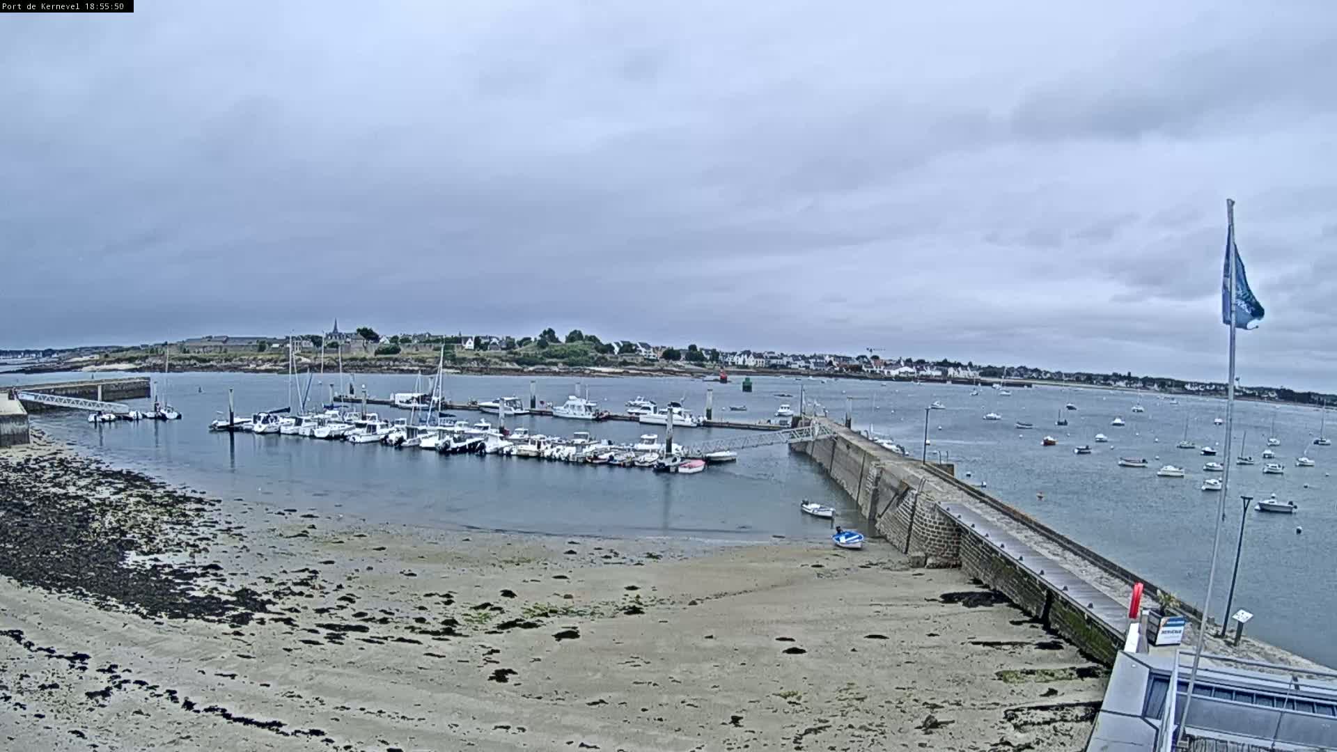 A marina filled with numerous boats is situated on a calm, overcast day next to a sandy shore and a small town in the distance.