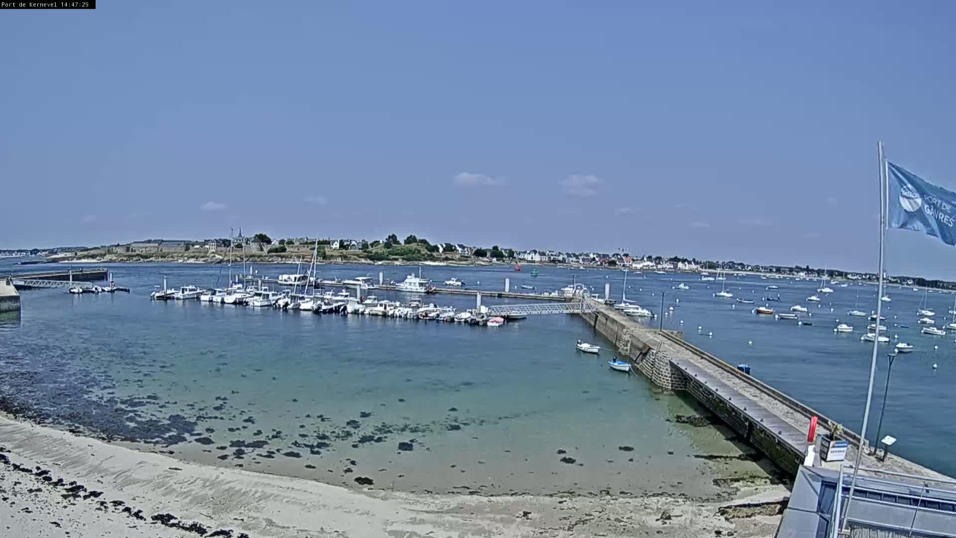 A sunny harbor with many boats docked, a sandy beach, and a calm body of water extending to a distant town.