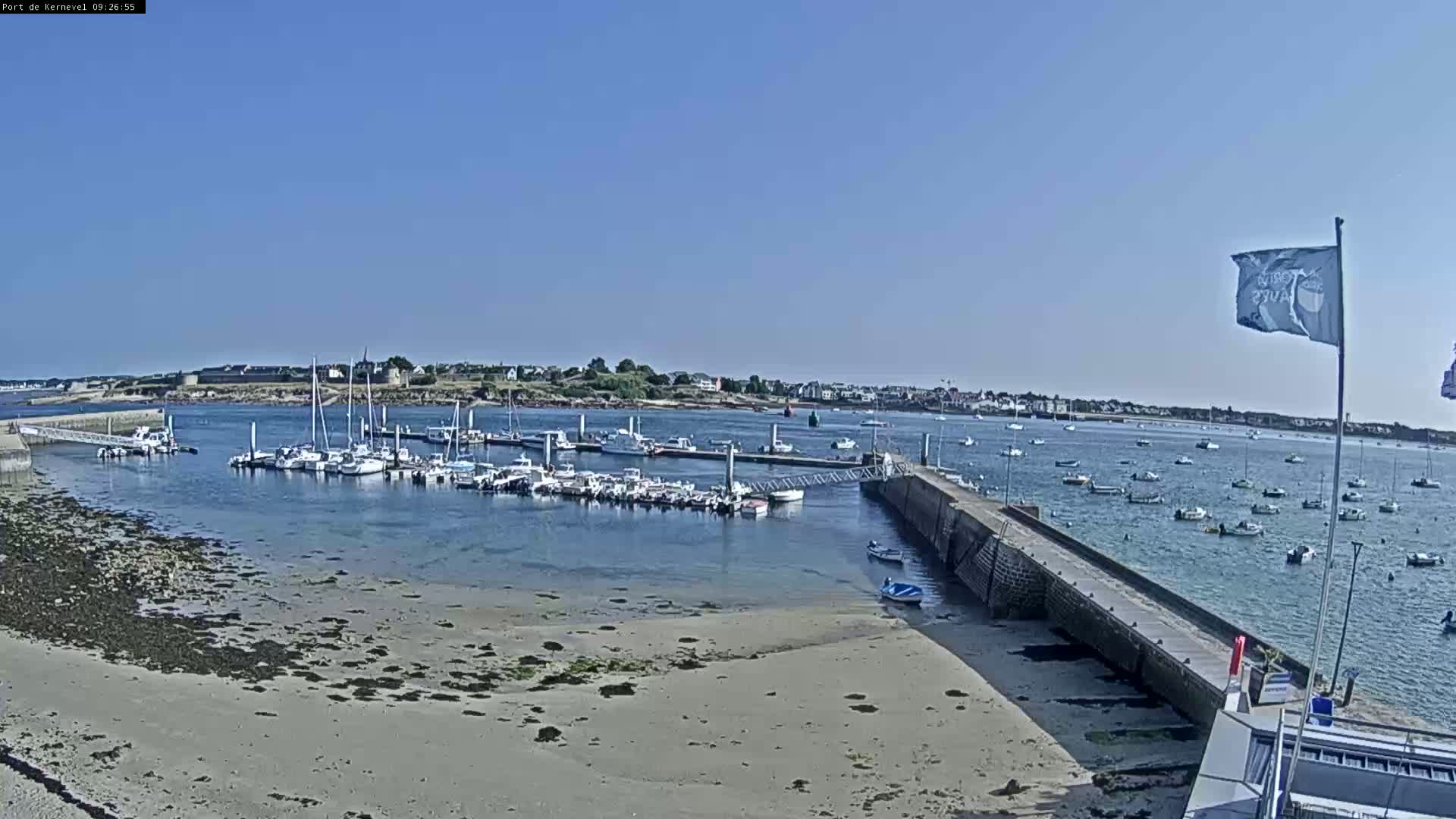 A harbor filled with numerous boats is seen under a clear blue sky, with a sandy shore in the foreground and additional boats in the water beyond the harbor.