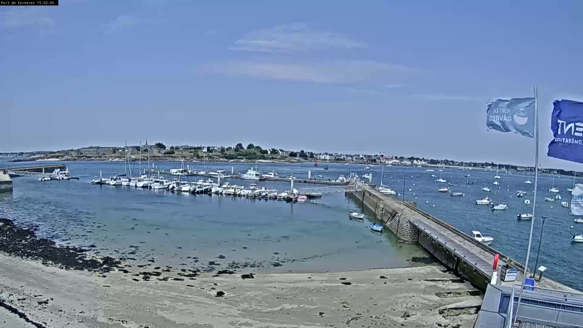 A harbor filled with numerous boats is seen on a sunny day, with a sandy beach and calm water visible in the foreground.
