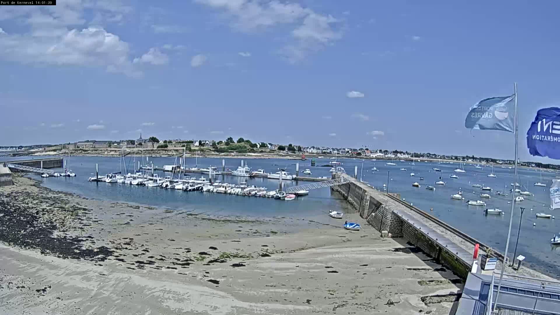 A harbor filled with many sailboats and motorboats is shown under a partly cloudy blue sky.
