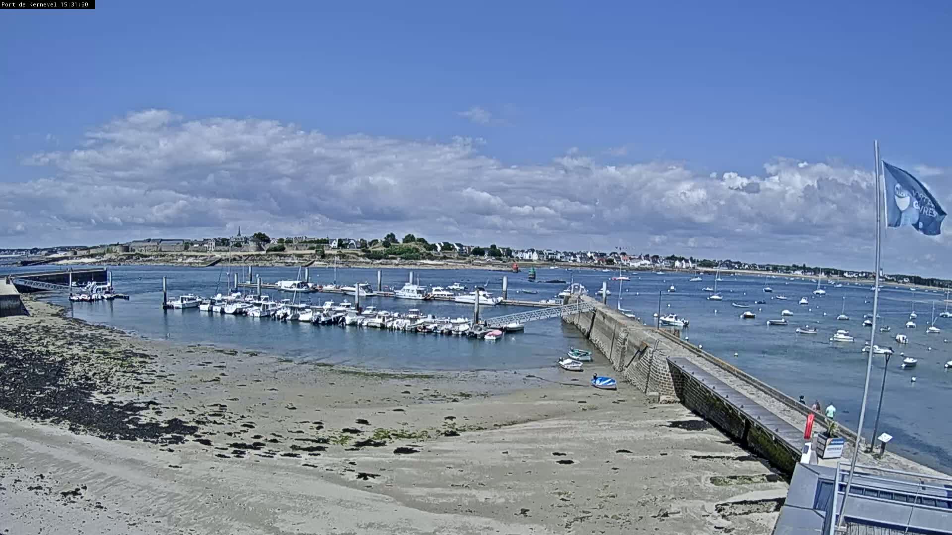 A harbor filled with numerous boats under a partly cloudy sky, with a sandy shore and a town visible in the distance.