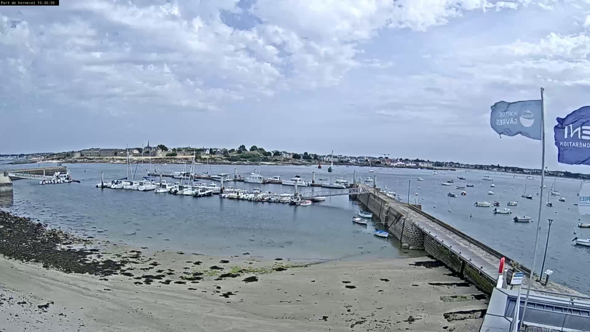 A harbor filled with numerous boats is shown under a partly cloudy sky, with a sandy shore in the foreground and a small town visible in the distance.