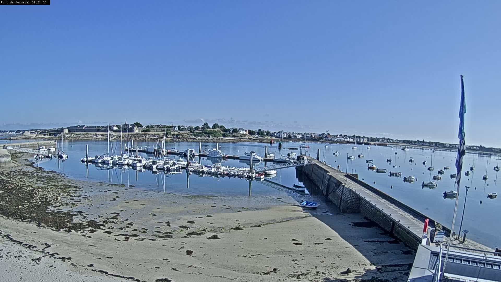 A marina filled with numerous boats is situated on a calm body of water under a clear blue sky, with a sandy shore in the foreground.