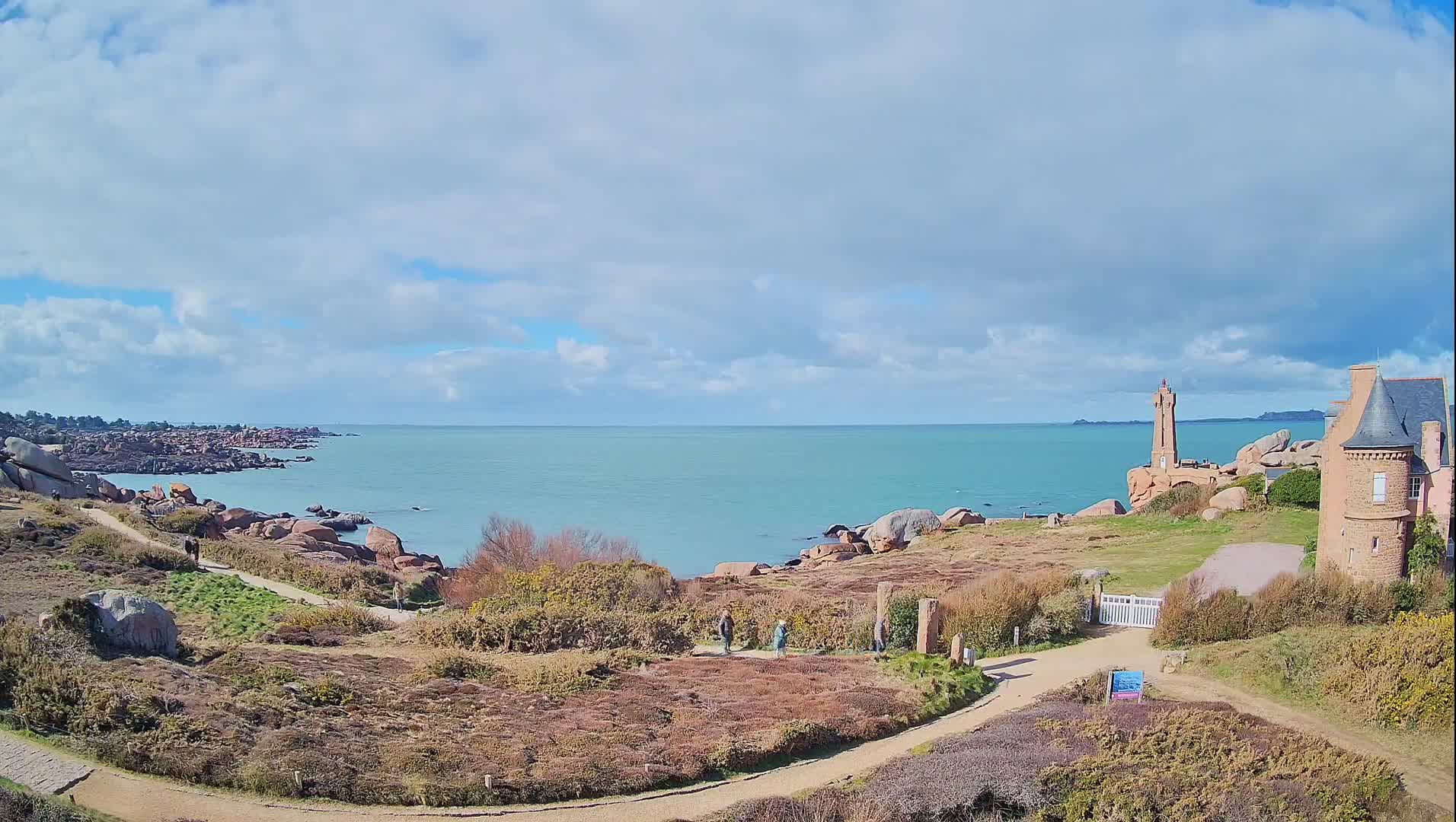 A coastal scene under a partly cloudy sky shows a rocky shoreline, a lighthouse, a building, and walking paths with a few people.