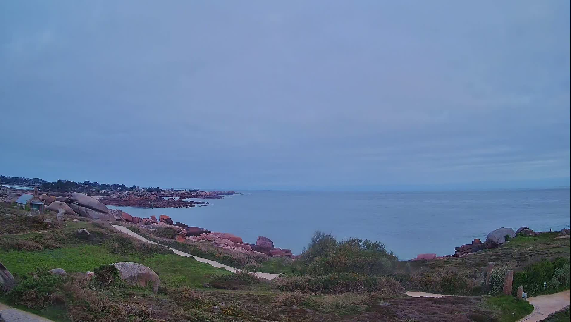 A calm, overcast day reveals a coastal scene with pink rocks, green vegetation, and a tranquil ocean stretching to the horizon.