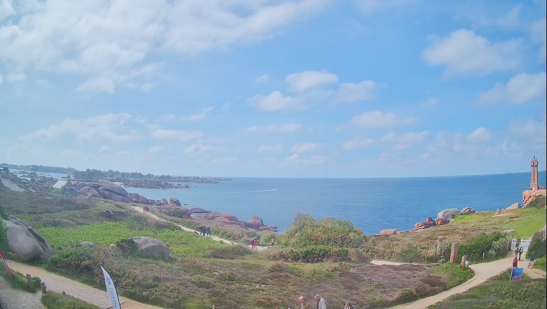 A partly cloudy sky overlooks a rocky coastline with a lighthouse in the distance and people walking along a path.