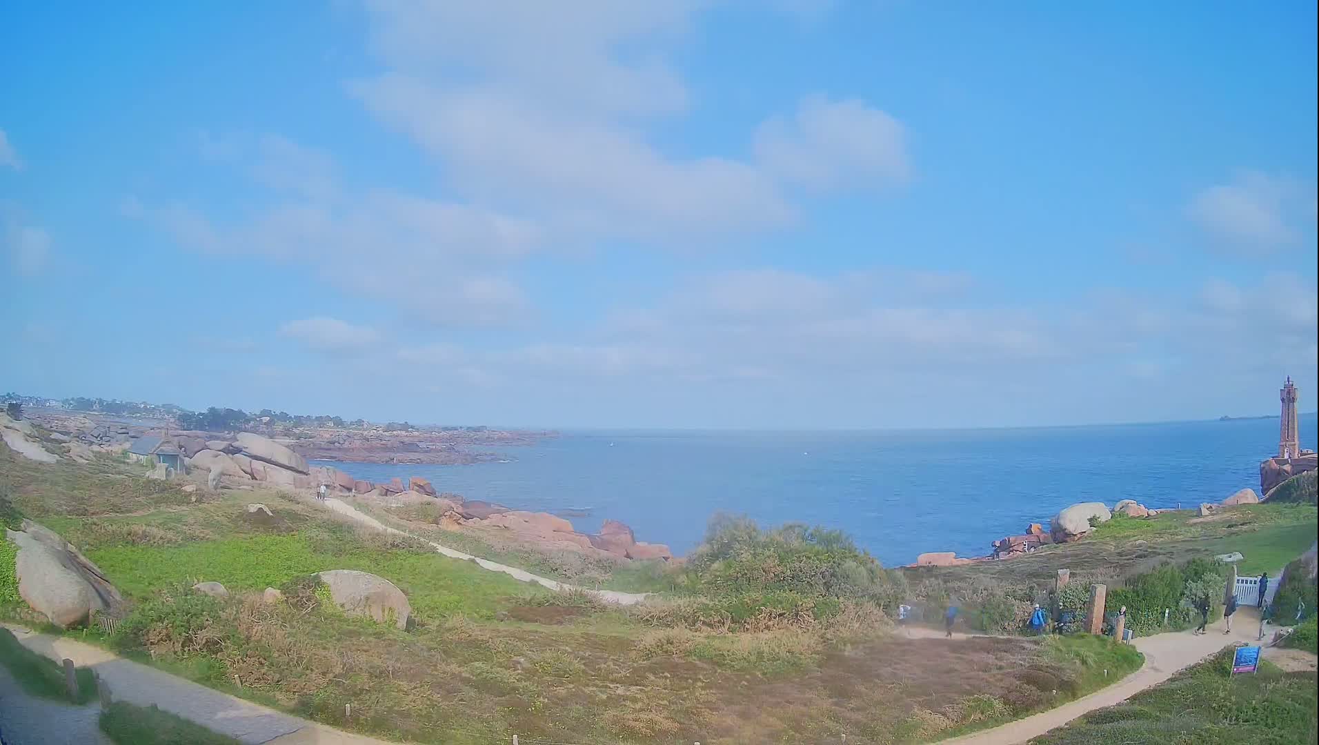 A coastal scene on a partly cloudy day shows a rocky shoreline, a lighthouse in the distance, and several people walking along a path.