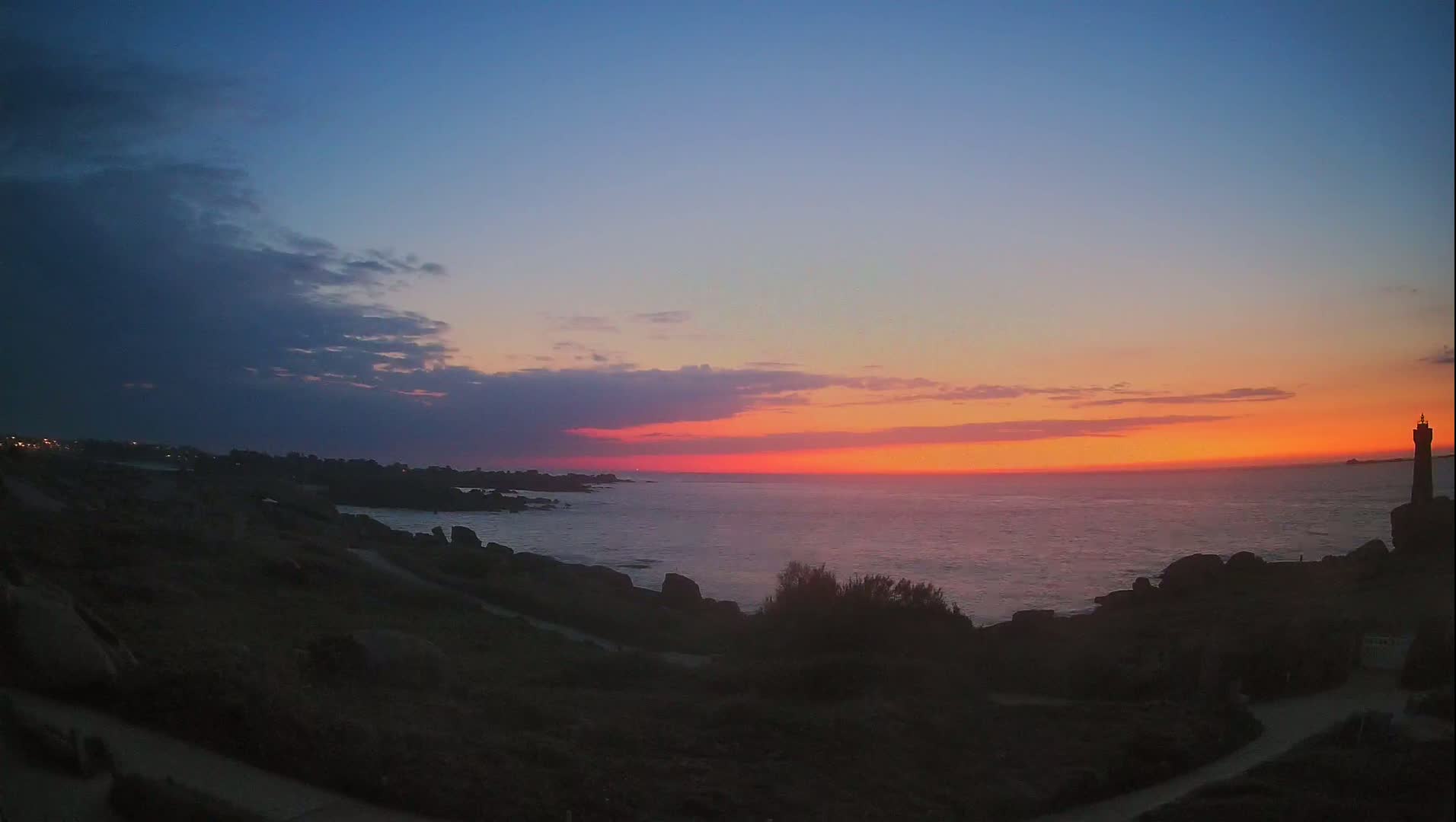 A rocky coastline at sunset, with a lighthouse silhouetted against a vibrant orange and pink sky.