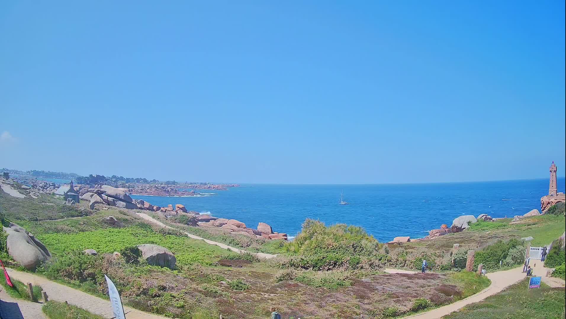 A coastal path winds through a rocky, grassy landscape overlooking a calm blue ocean with a sailboat in the distance, under a clear, bright blue sky.