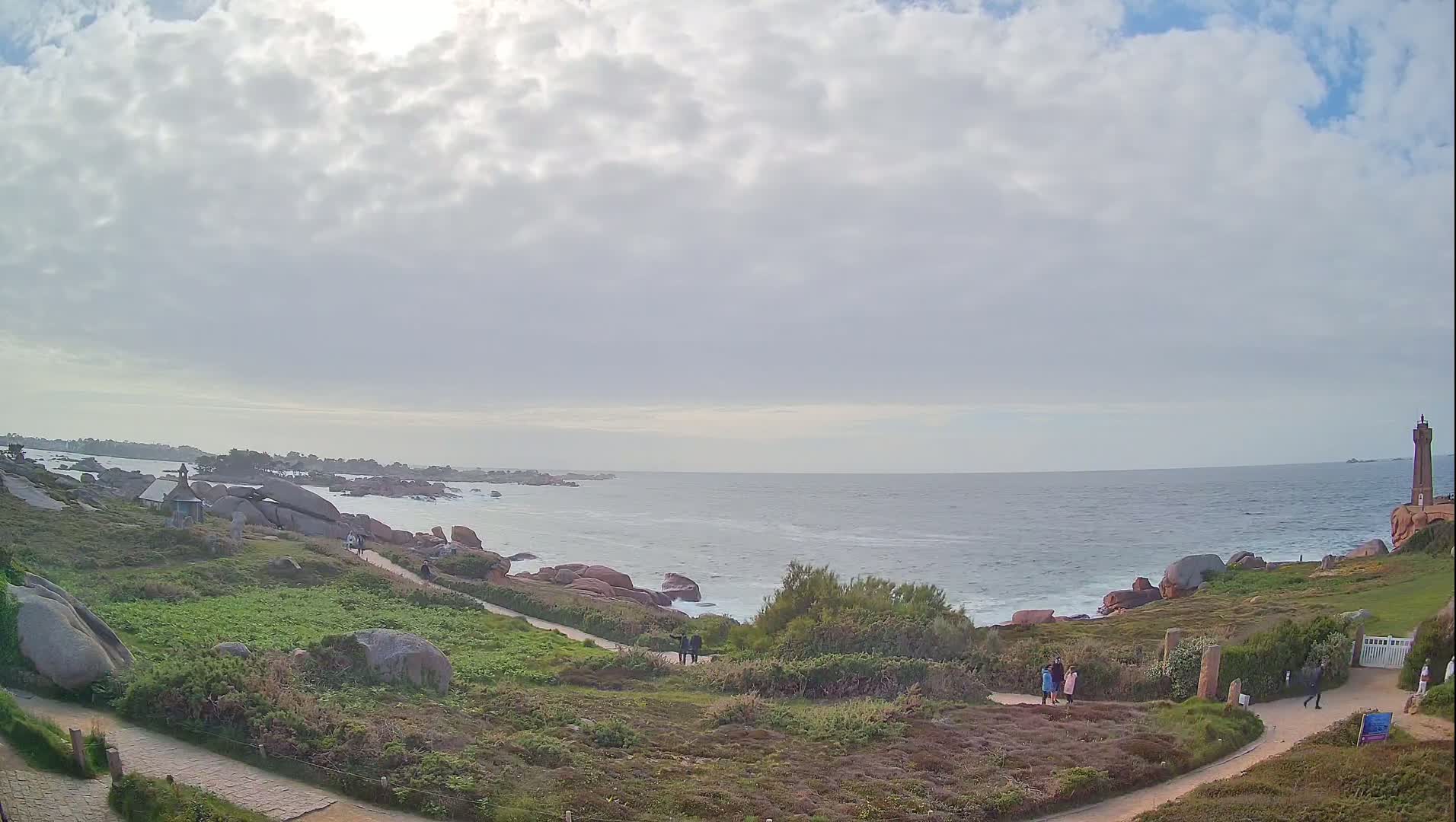 A coastal scene under a partly cloudy sky shows a rocky shoreline with a lighthouse in the distance, several people walking on paths, and low-lying vegetation.