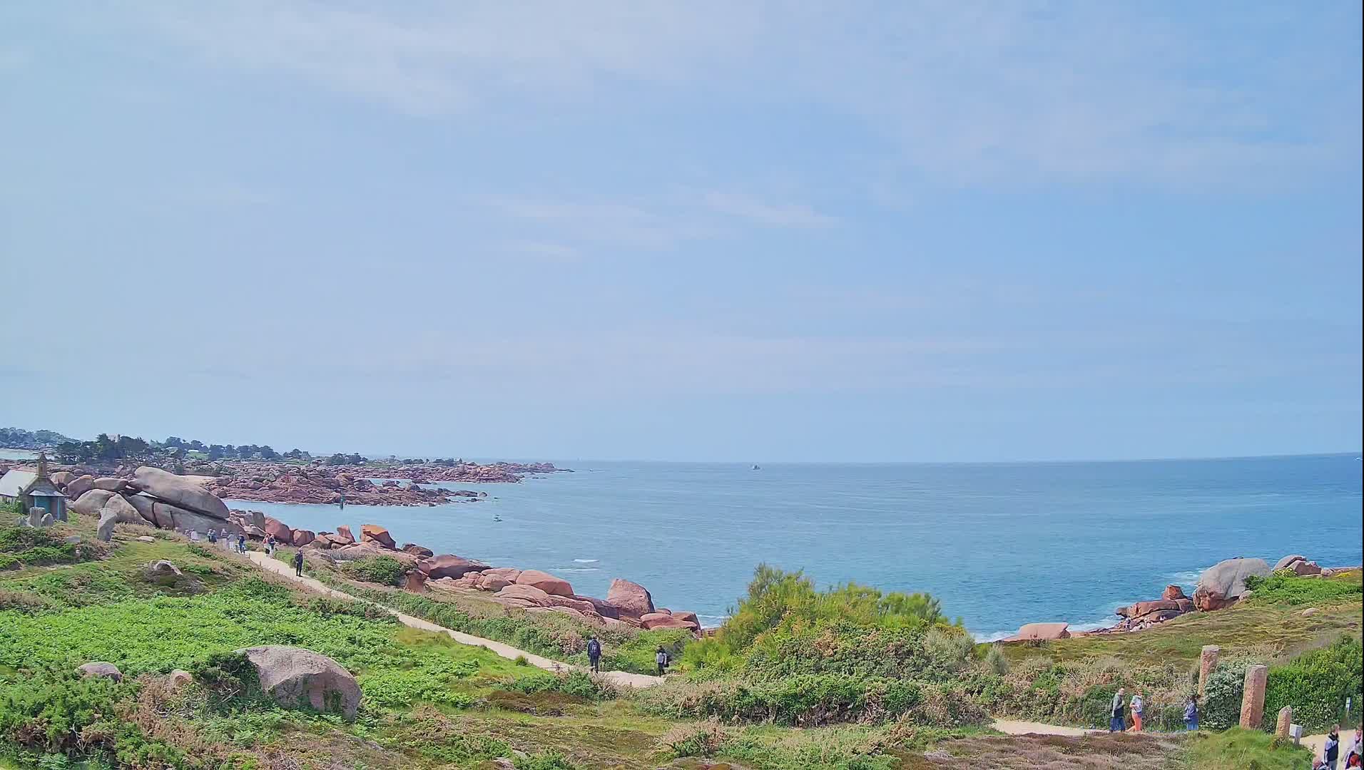 A coastal path winds through grassy terrain dotted with pink rocks, leading to a calm, blue ocean under a mostly clear sky.