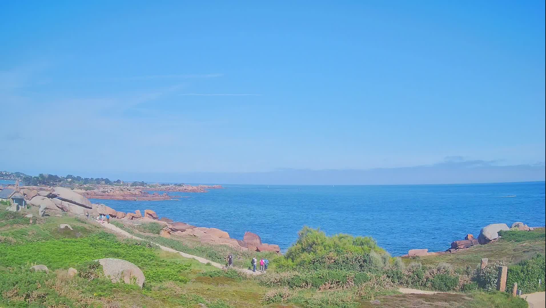 A coastal path winds through green vegetation and pink rocks toward a calm blue ocean under a clear blue sky.