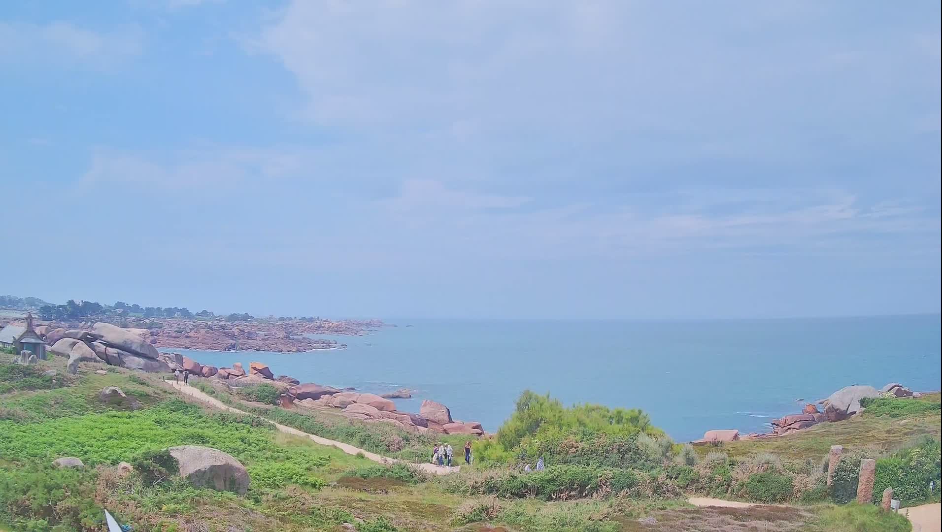 A coastal path winds through green vegetation and pink rocks toward a calm, blue ocean under a mostly clear sky.