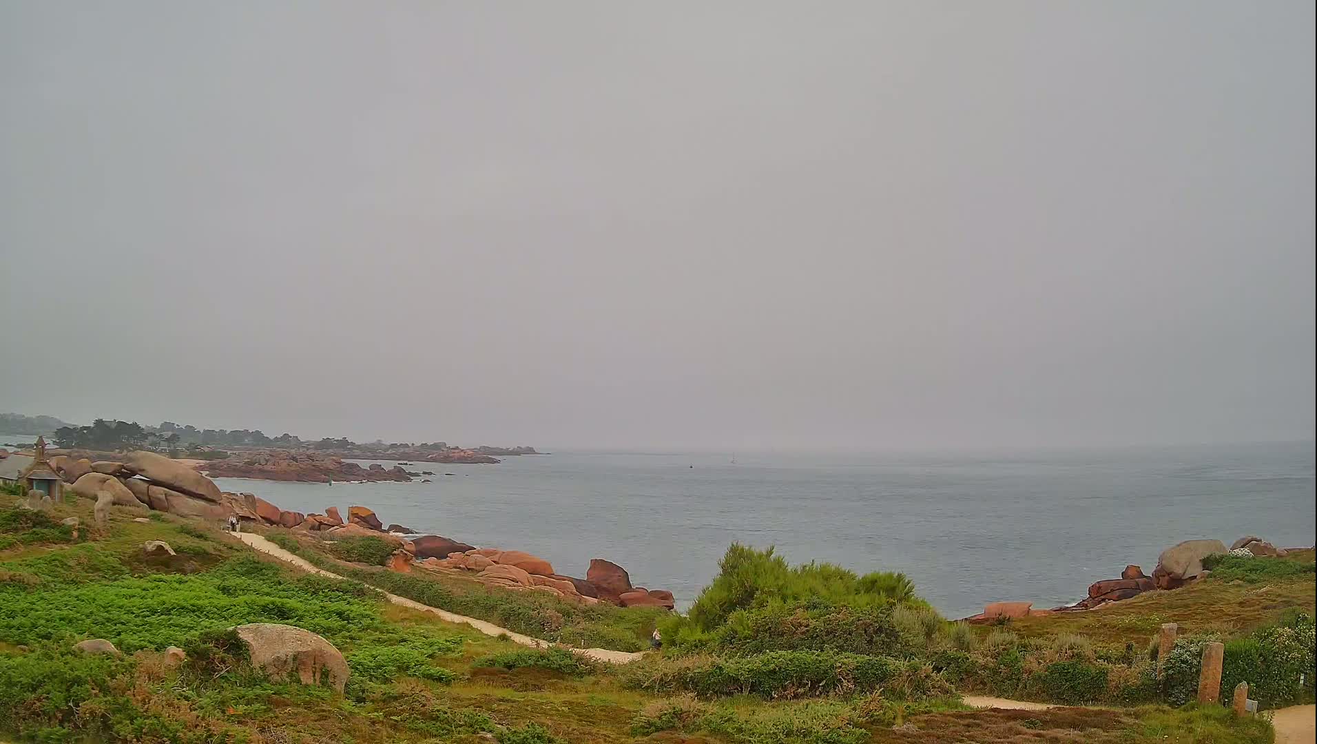 A coastal path winds through low-lying vegetation toward a calm, hazy ocean, bordered by pink rocks and distant trees.