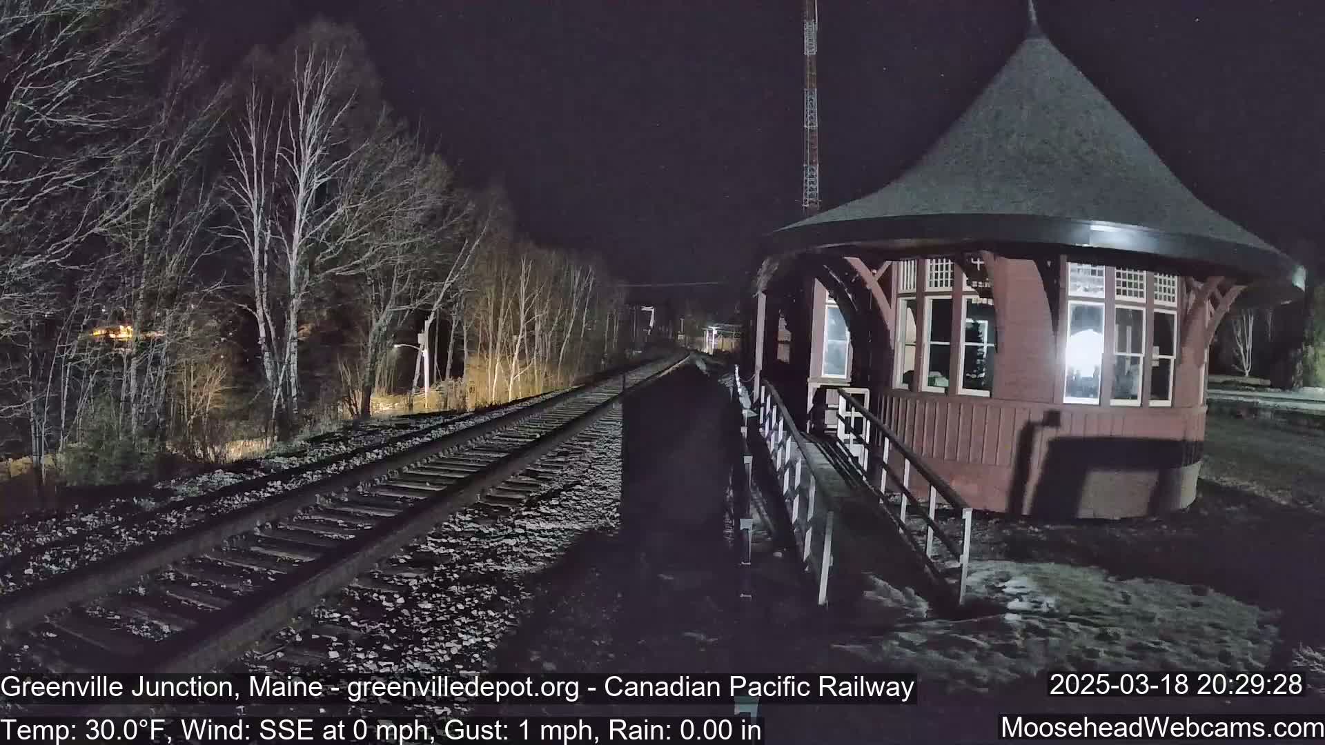 A dark, nighttime scene shows a train station next to railway tracks that extend into a bare, wooded area under a calm, rainy sky.