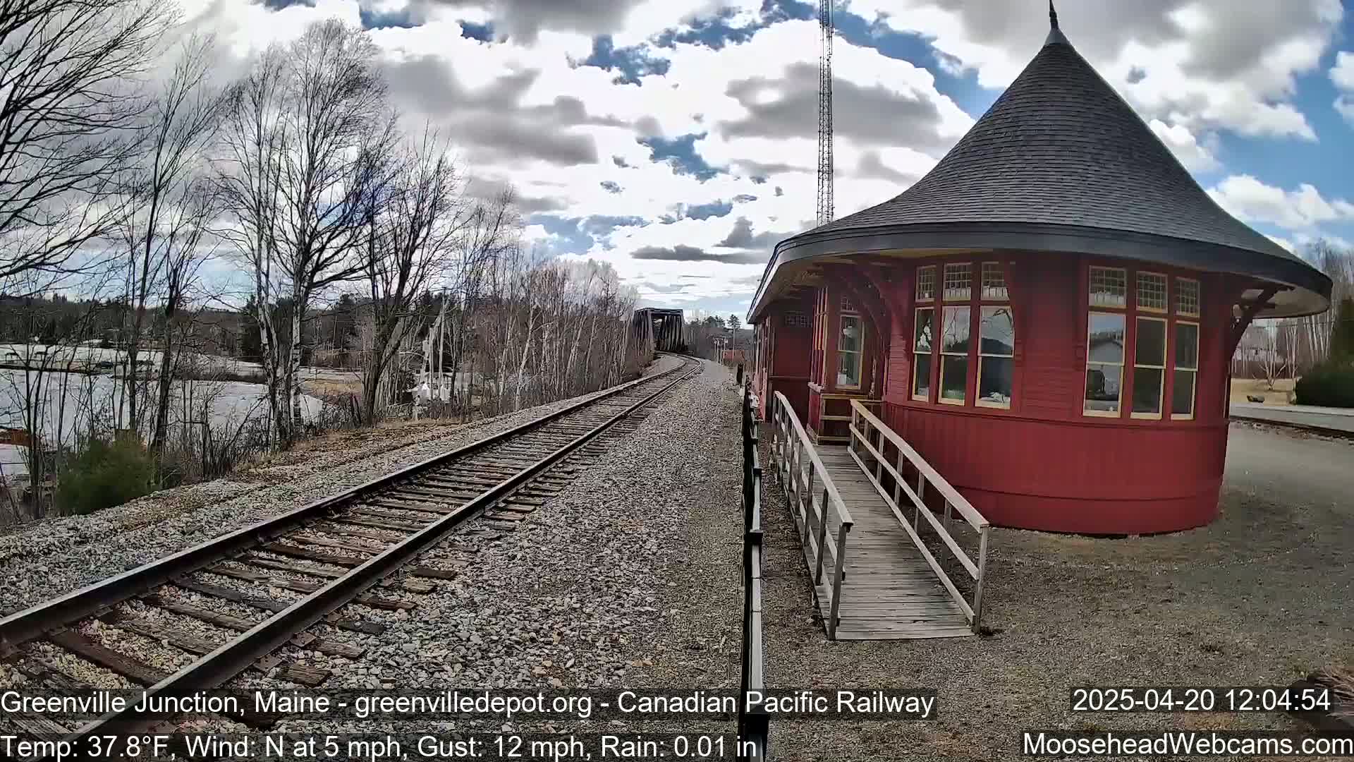 A red, round train depot with a peaked roof sits beside railway tracks curving into the distance under a partly cloudy sky.