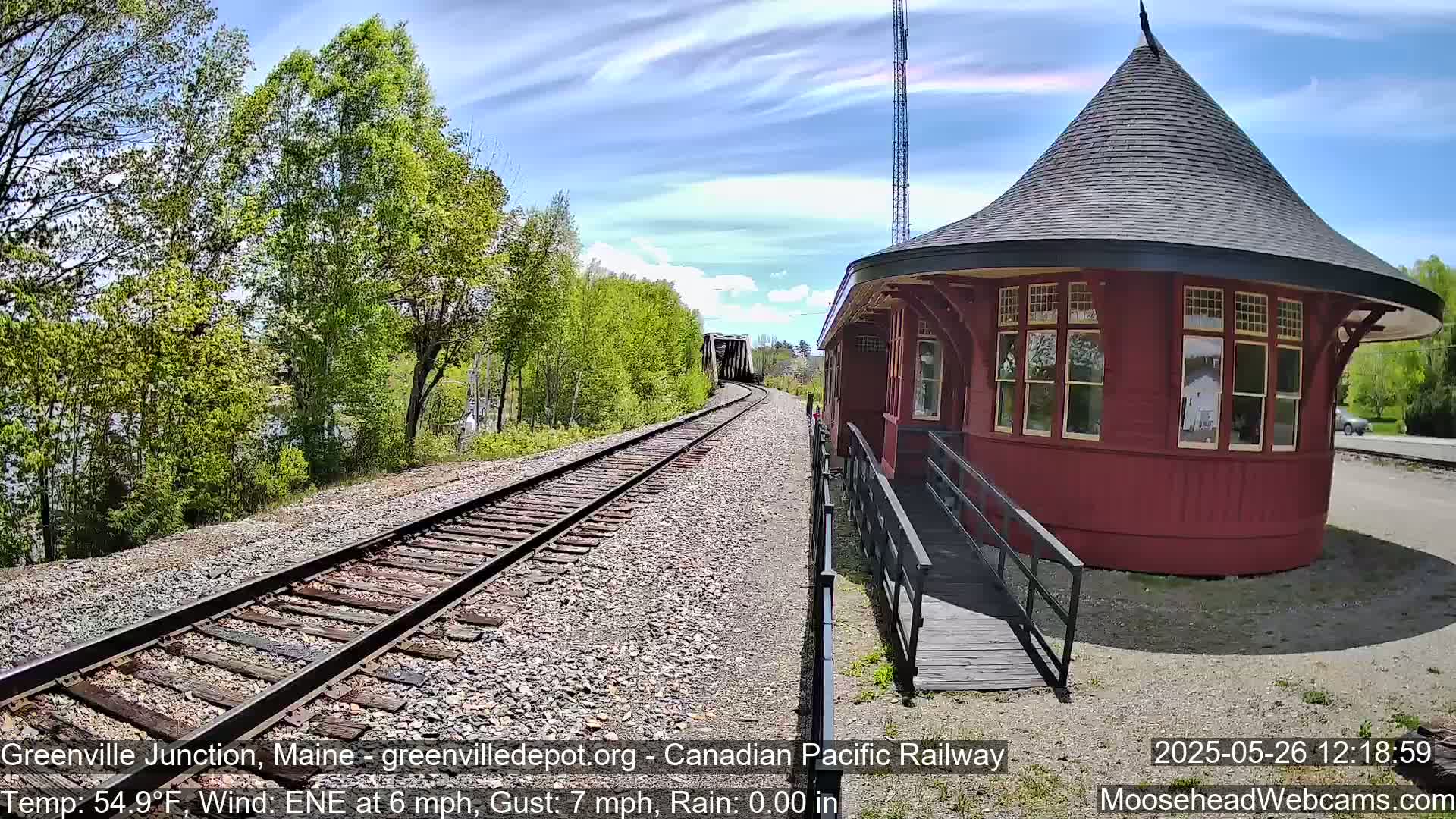 A red, round train station with a conical roof sits beside railroad tracks that extend into a tree-lined landscape under a partly sunny sky, with a light east-northeast wind.