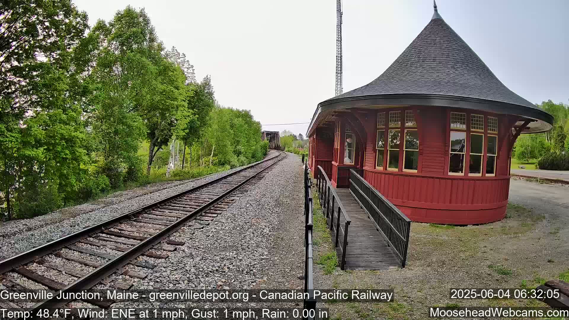 A red, round train depot with a conical roof stands next to railroad tracks that curve into the distance, surrounded by green trees under a partly cloudy sky.