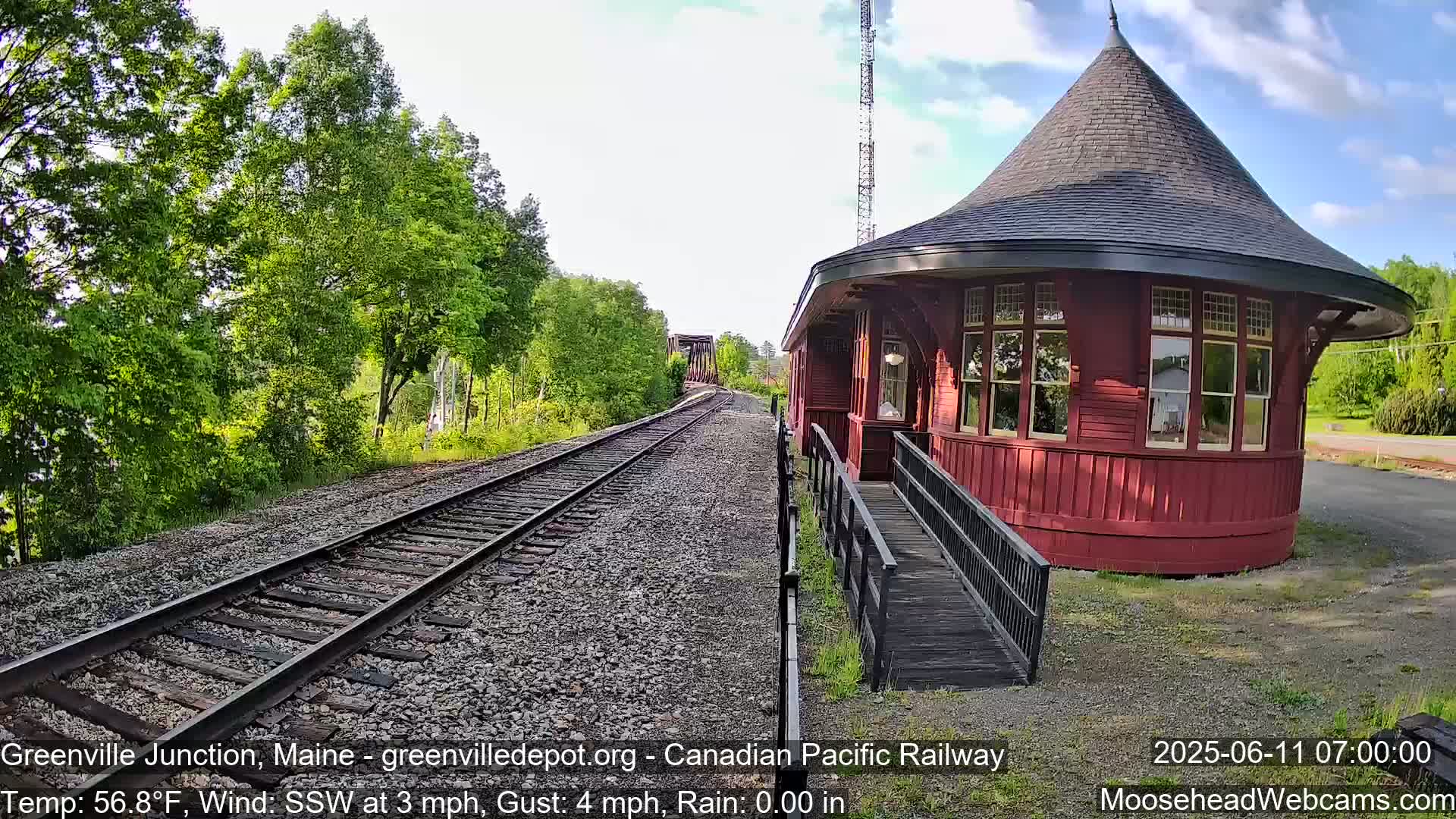 A red, round train station with a conical roof sits beside train tracks that curve into the distance under a partly cloudy sky, surrounded by lush green trees.