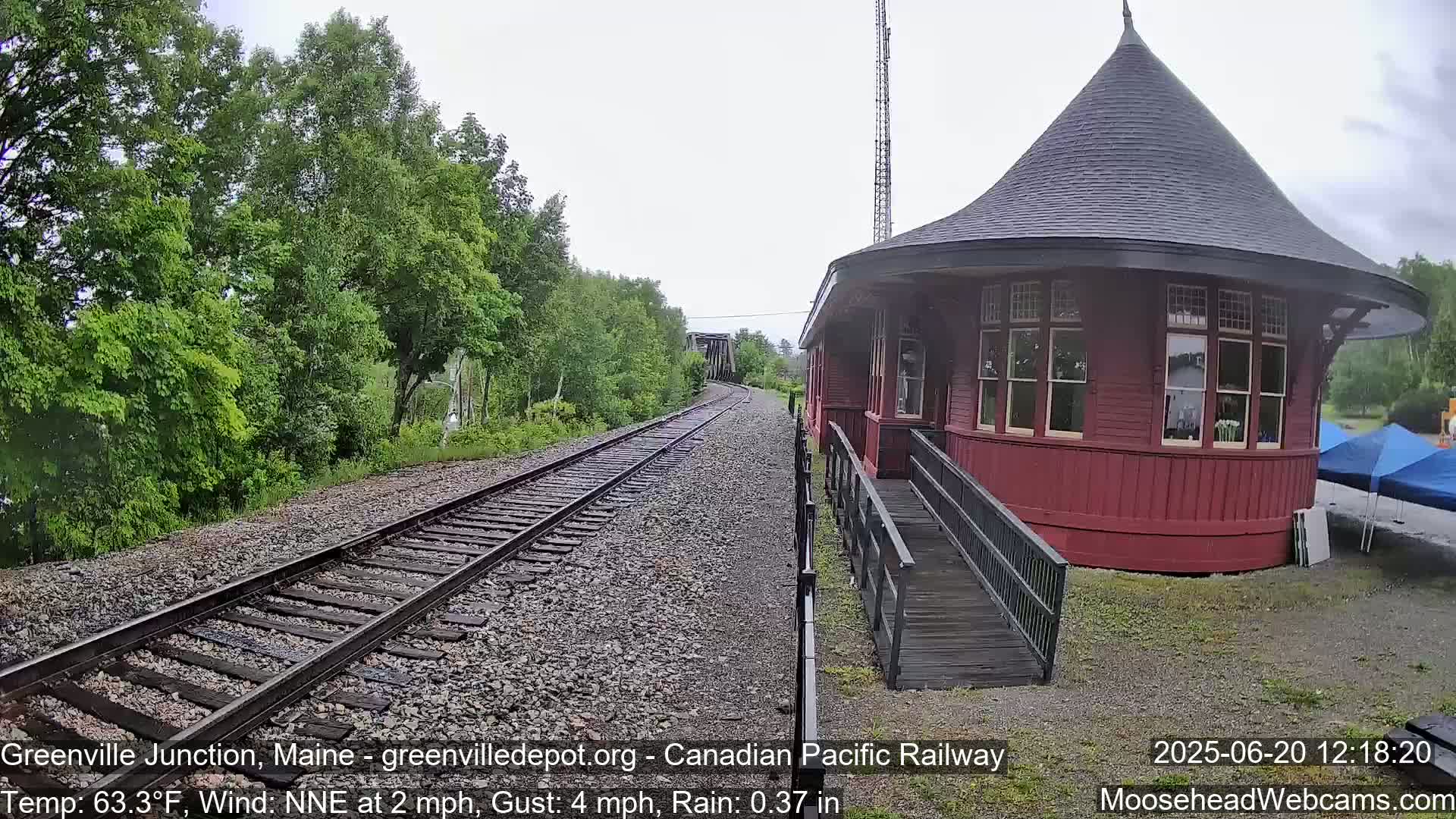 Rainy weather shows a red, octagonal train depot next to railway tracks that lead to a trestle bridge, surrounded by green trees.