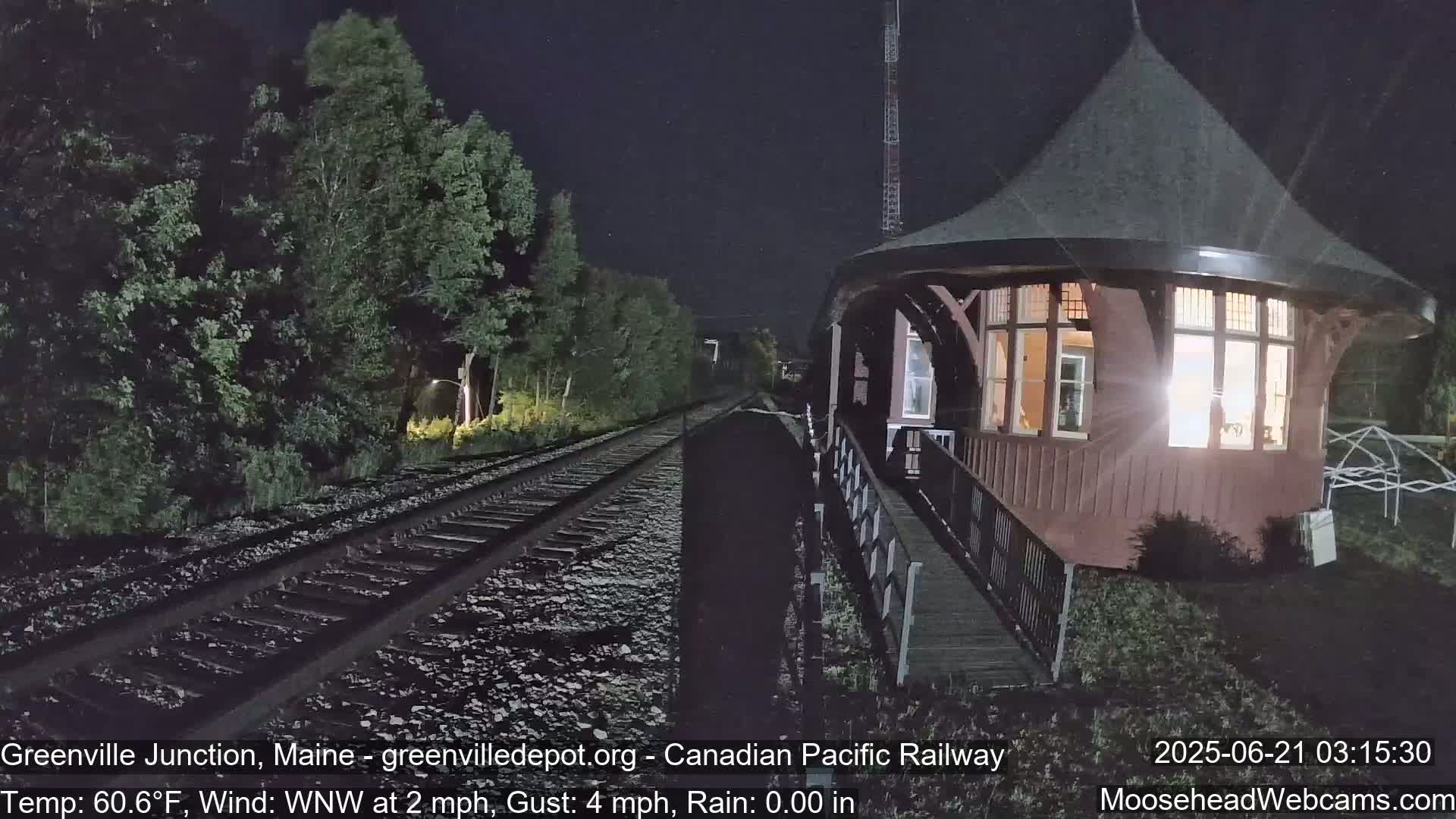At night, a lit-up train station stands next to railroad tracks that disappear into the darkness, surrounded by trees under a clear sky.