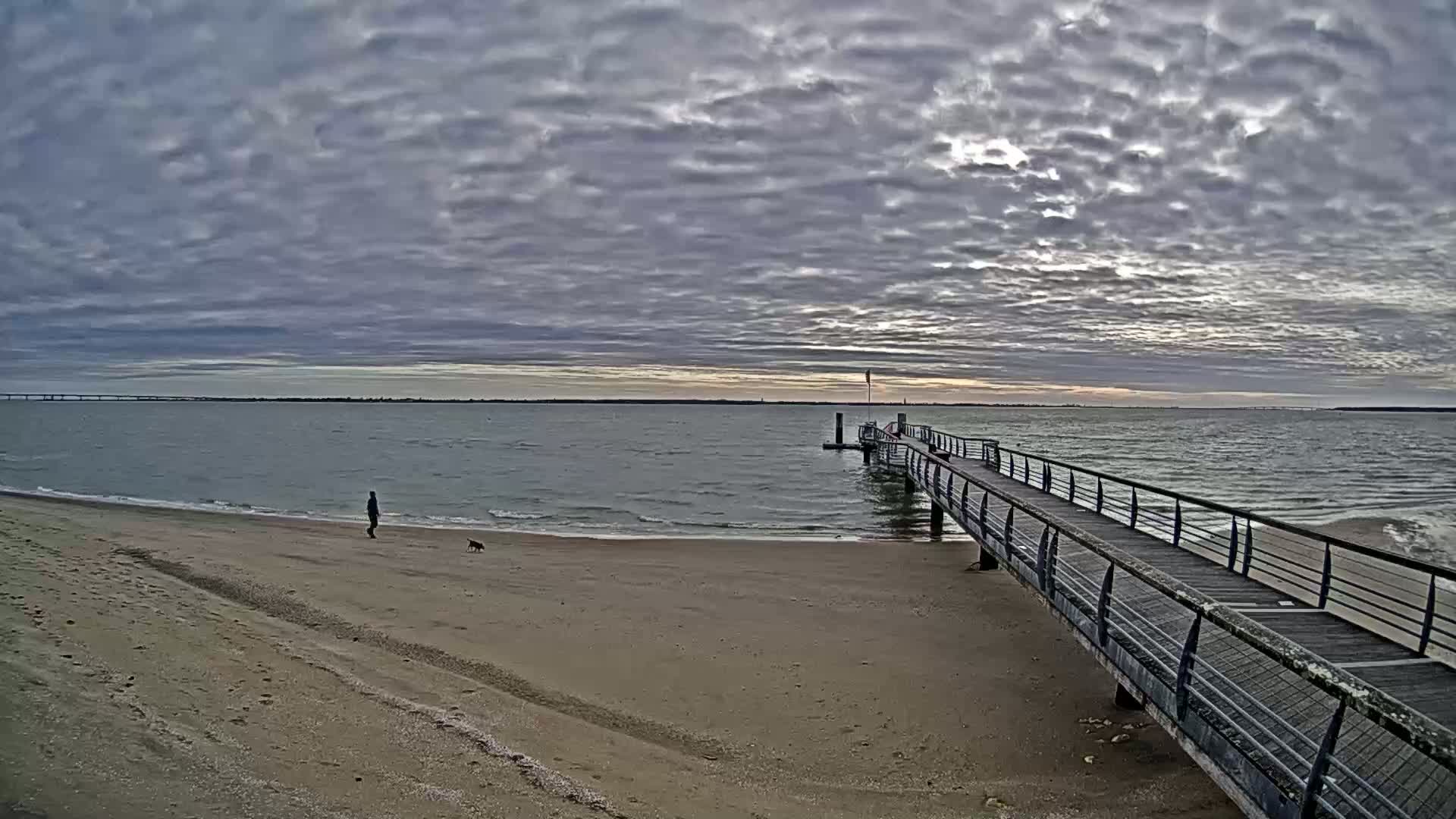 A person walks a dog on a sandy beach toward a long pier extending into a calm, gray, cloudy sky over a body of water.