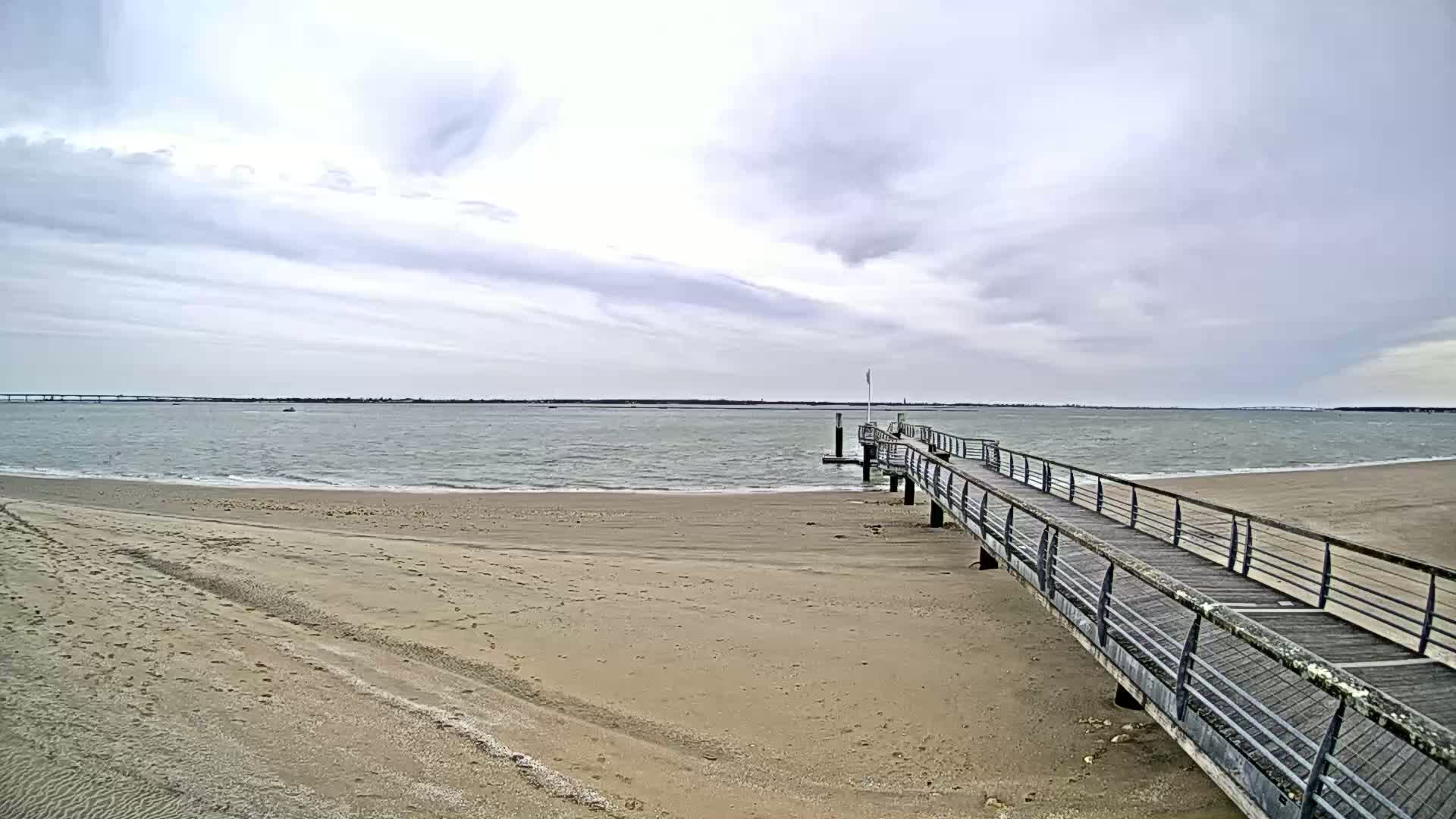 A sandy beach with a long wooden pier extends into a calm, overcast ocean with a distant bridge visible on the horizon.