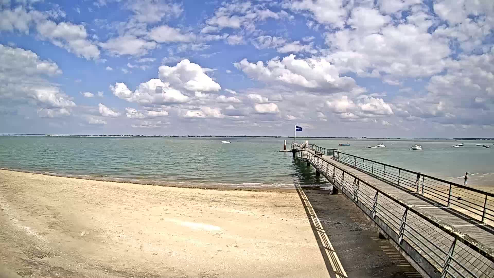 A sandy beach meets a calm, light-green body of water where a long pier extends from the shore under a partly cloudy sky.
