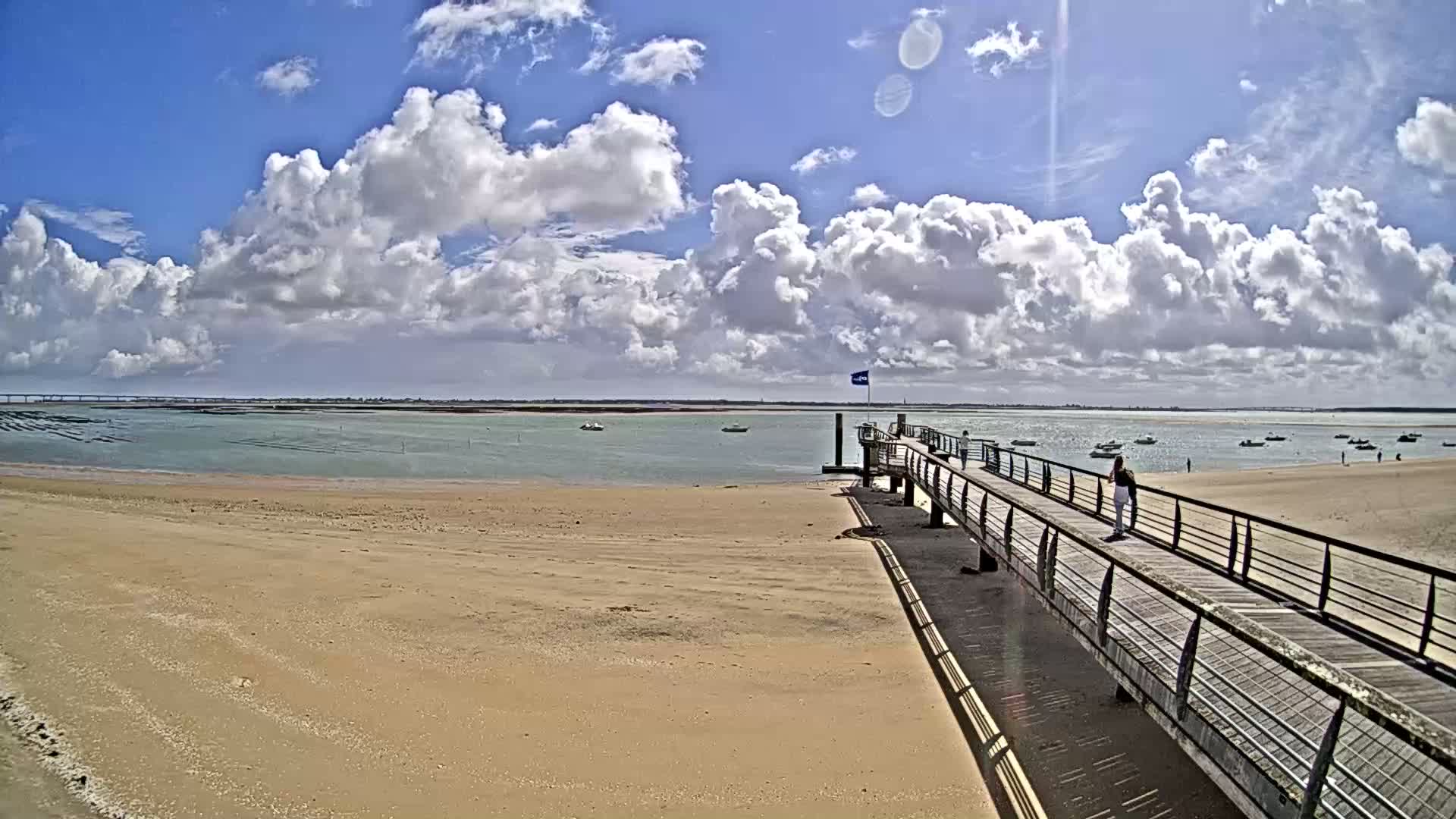 A sandy beach with a long pier extending into a calm body of water under a partly cloudy sky.