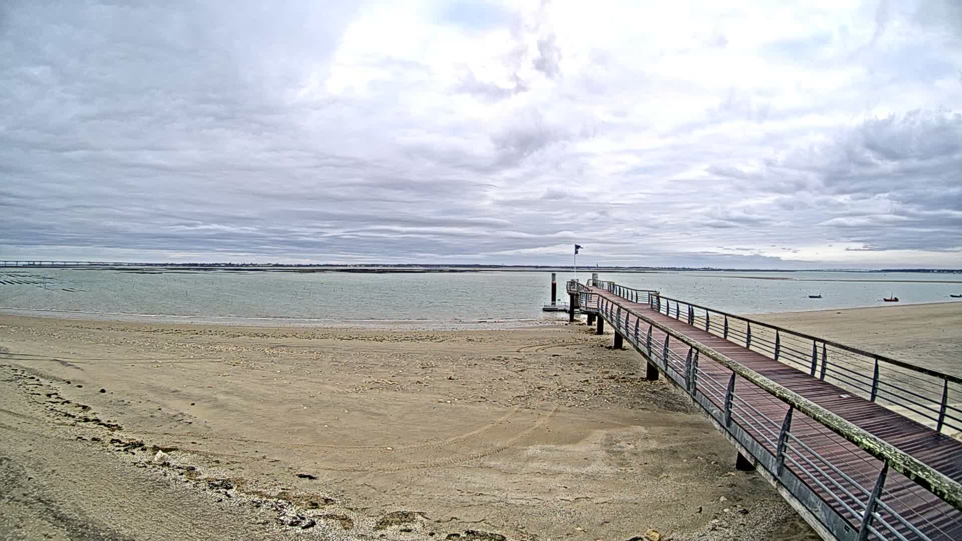A long wooden pier stretches over a sandy beach and calm bay waters towards a flagpole, all under a uniformly cloudy sky with a distant bridge and shoreline visible on the horizon.