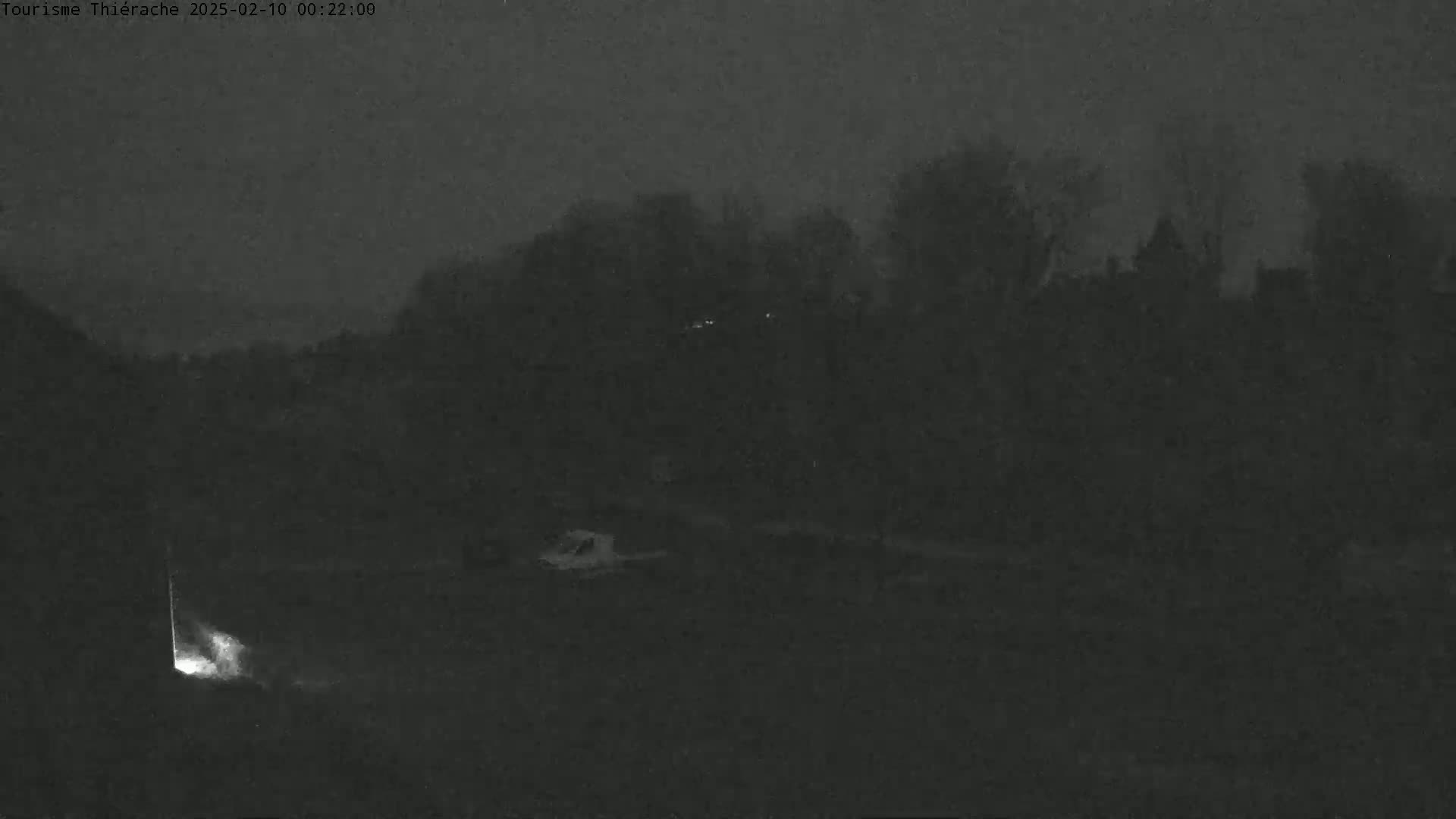 A nighttime, foggy view shows a dimly lit landscape with trees and buildings in the distance.