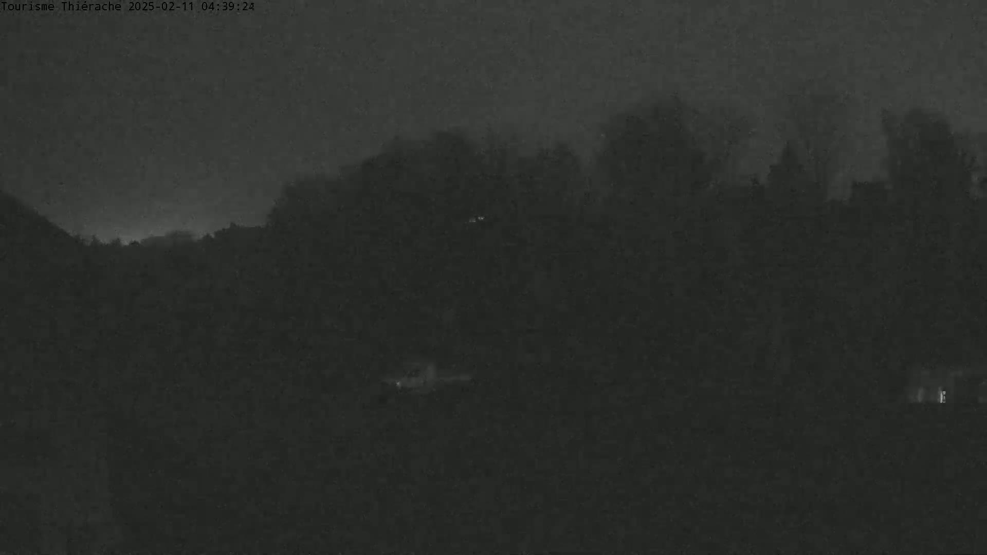 A dark, nighttime scene shows a line of trees and faint lights in the distance under a mostly cloudy sky.