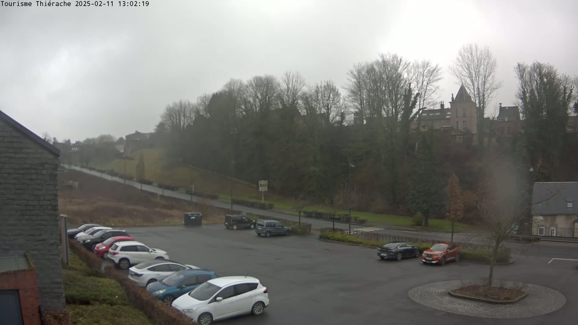 A parking lot with several cars is situated below a hill covered in trees and buildings on an overcast day.