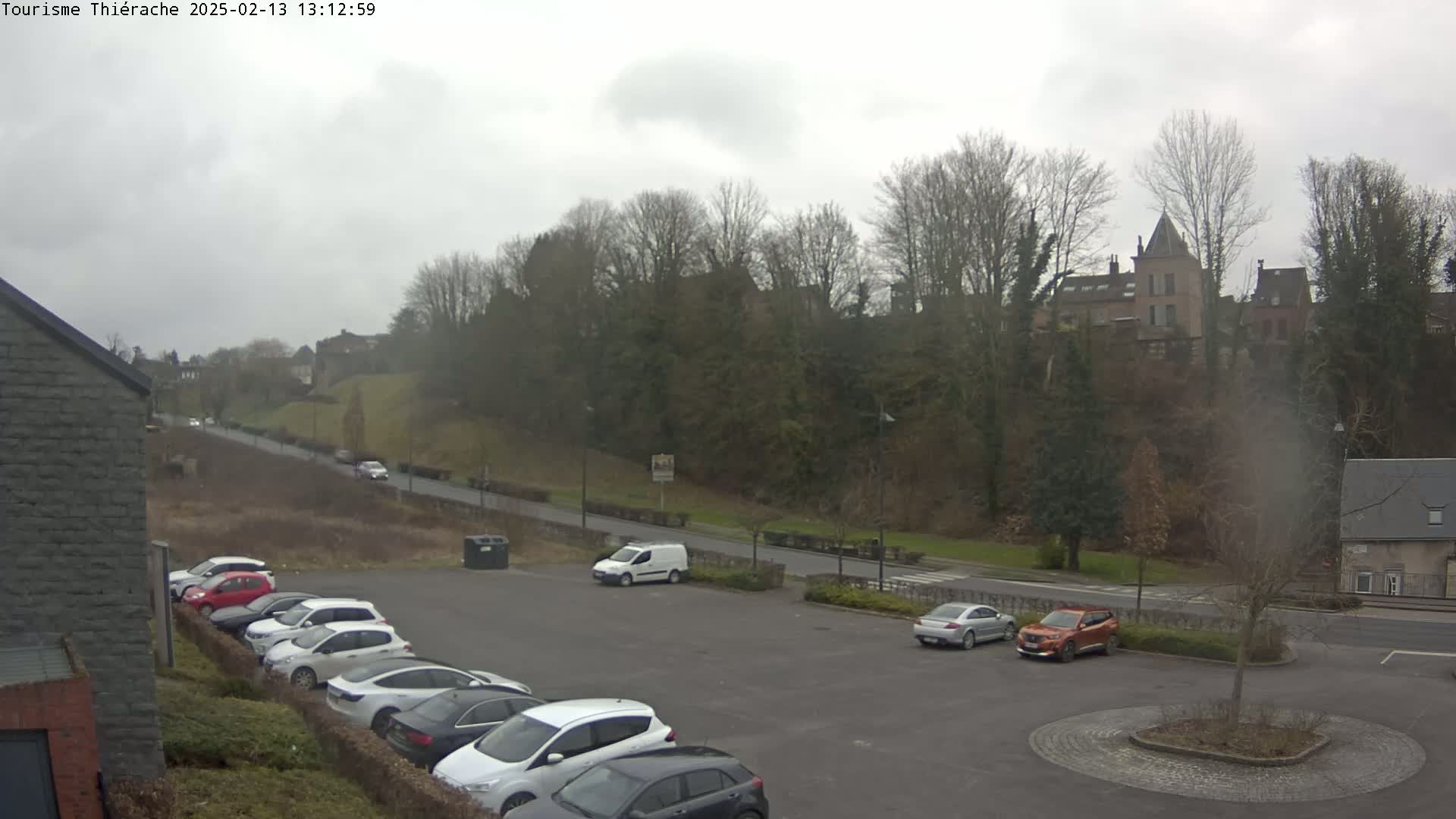 A parking lot with several cars is situated below a hill, on which buildings and bare winter trees are visible under an overcast sky.