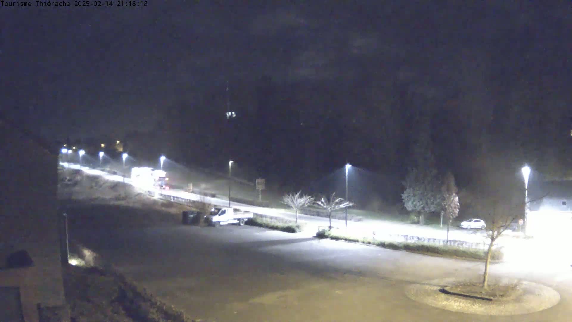 A nighttime, dimly lit parking lot and road scene with several vehicles, streetlights, and bare trees under a cloudy sky.