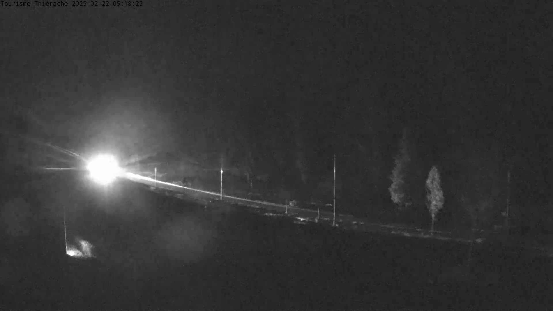 A bright headlight illuminates a dark, nighttime road with a few trees and poles visible in the background.