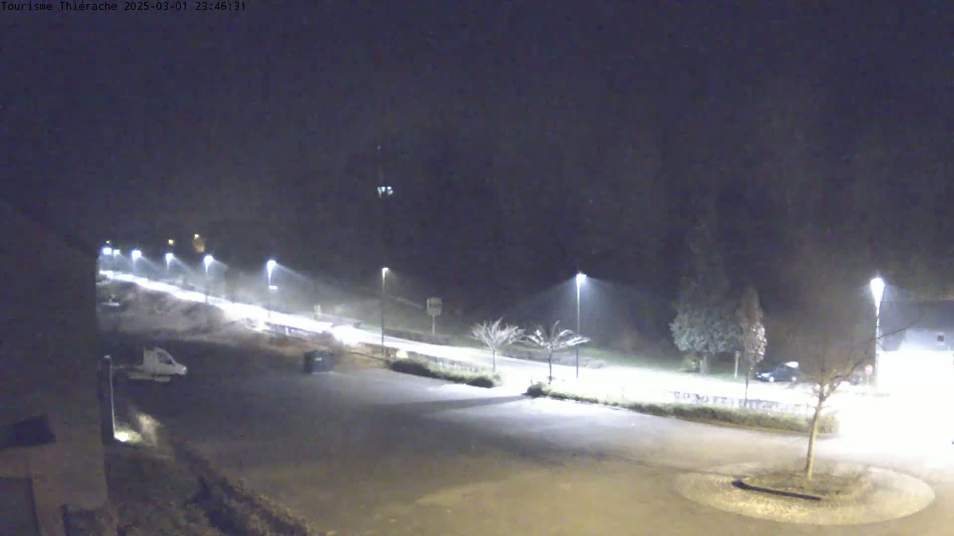 A nighttime view of a street scene with light fog or mist, showing a road with streetlights, some parked vehicles, and sparse, leafless trees.