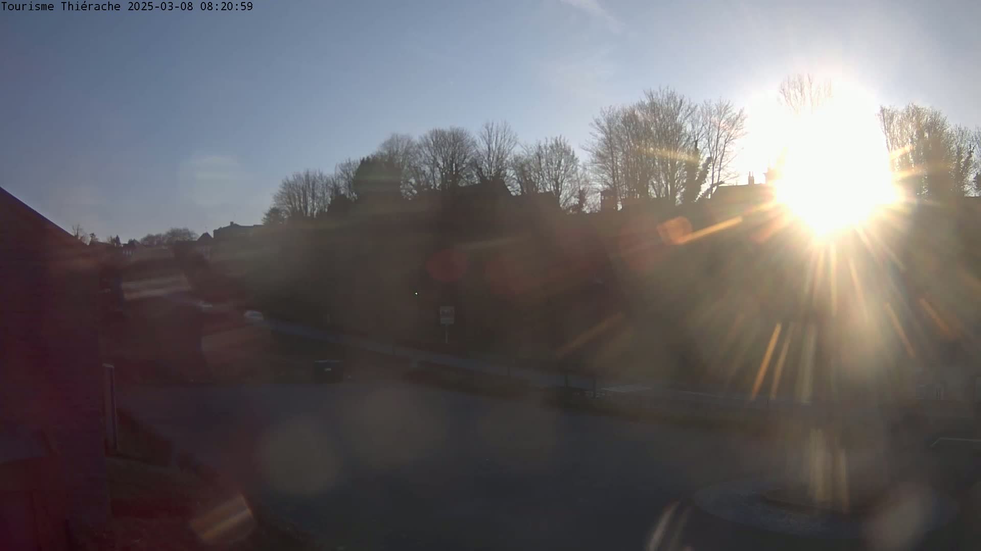 The bright sun shines over a mostly empty roadway, with a line of bare trees and buildings silhouetted against the light.