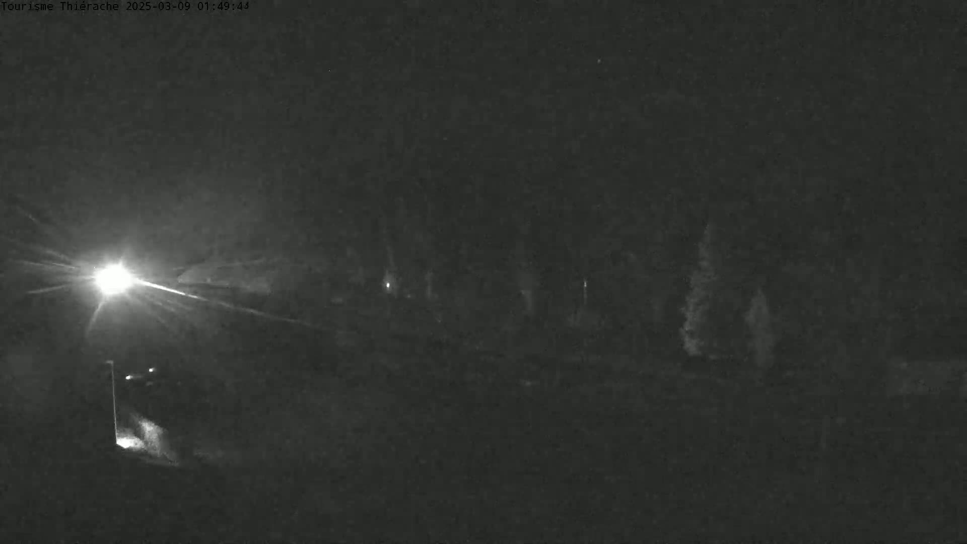 A nighttime, low-light image shows a vehicle's headlights illuminating a dark road bordered by trees.