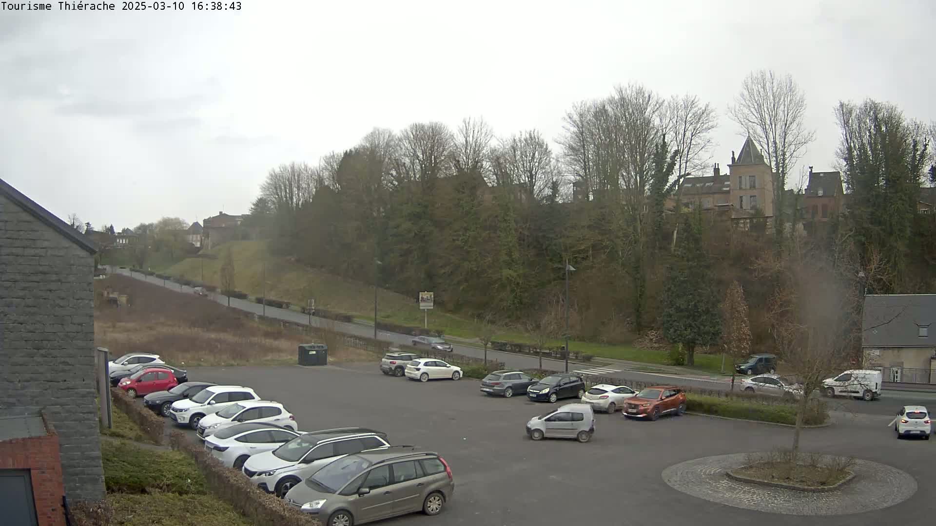 A parking lot with several cars is situated below a hill topped with buildings and trees under an overcast sky.