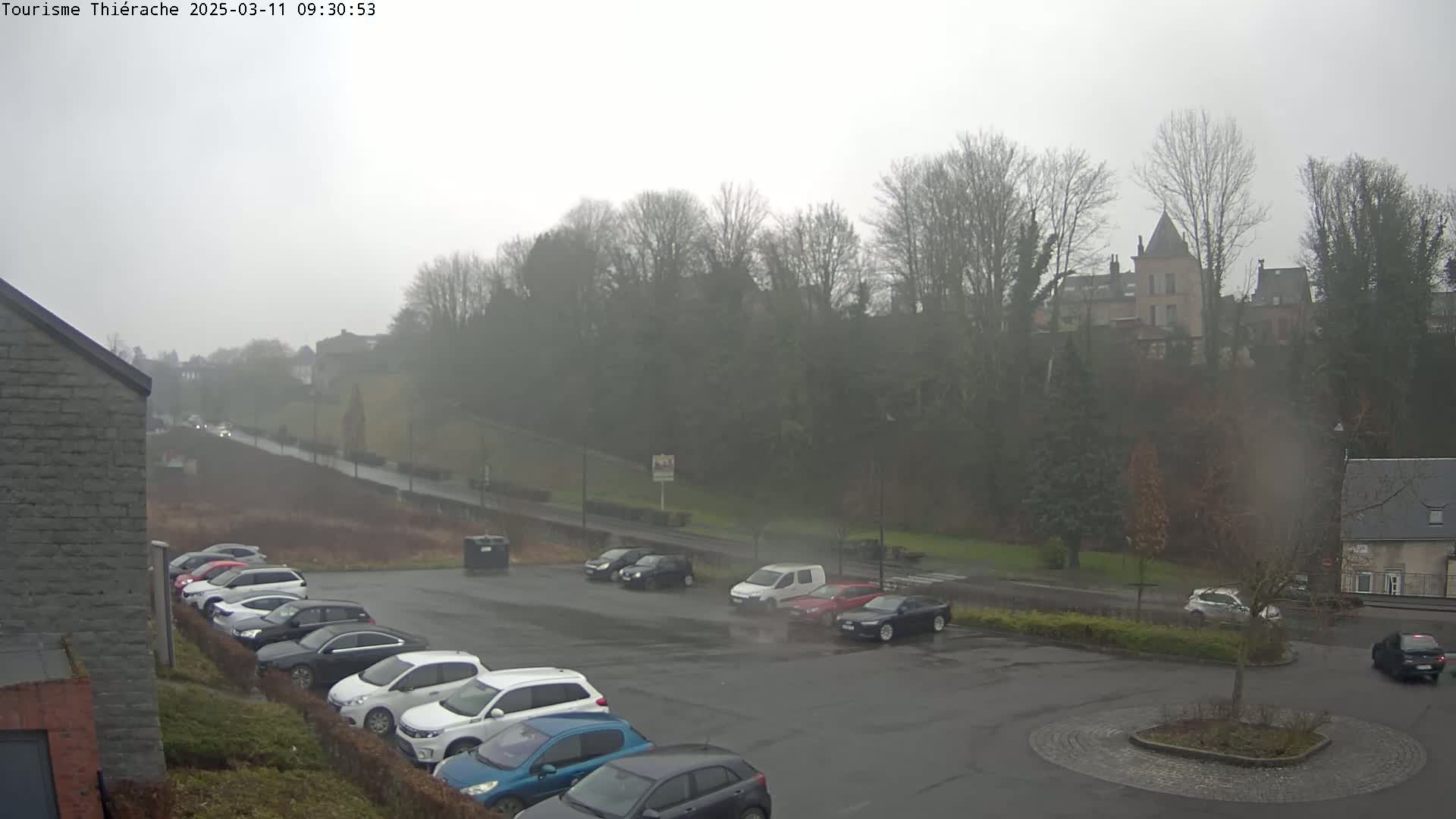 A wet parking lot filled with cars sits below a hill covered in bare trees and a building, all under an overcast sky.
