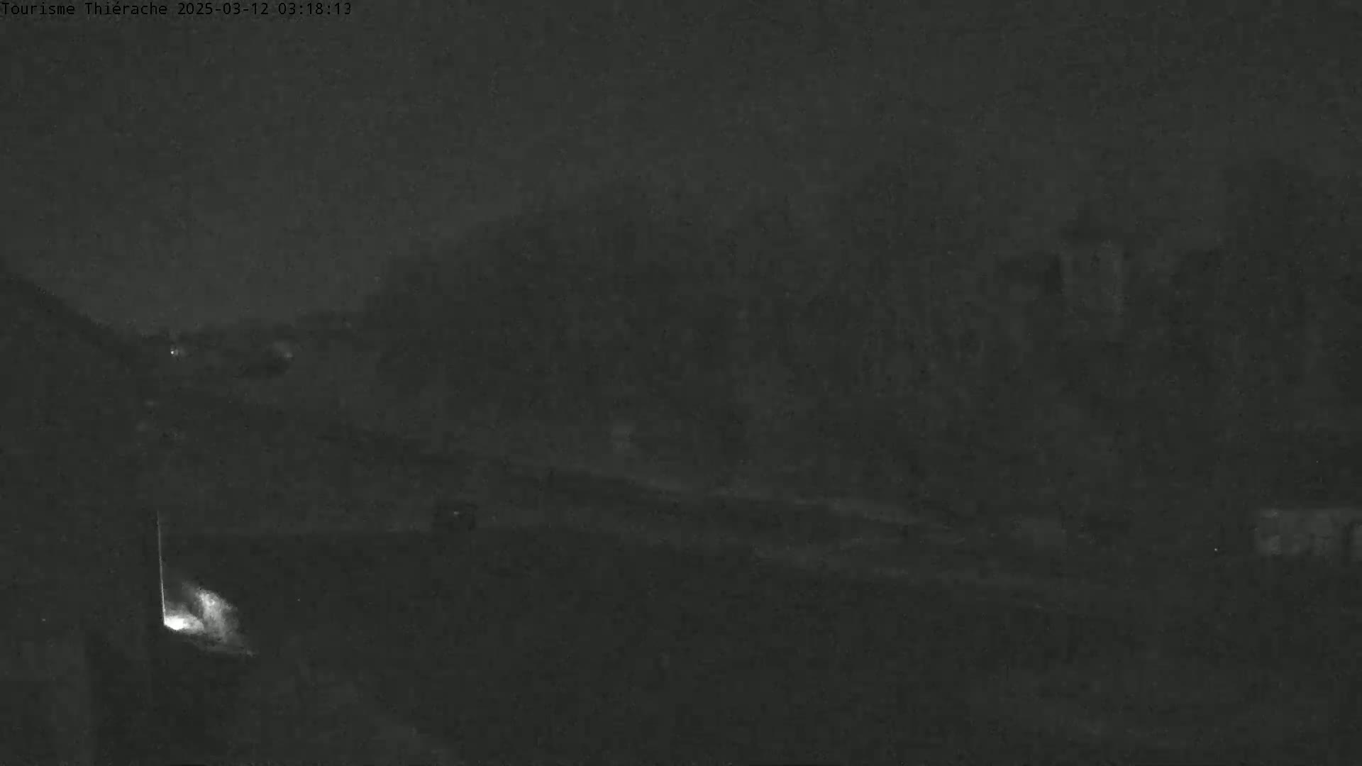 A low-light nighttime image shows a dark road with indistinct shapes in the distance under a cloudy sky.