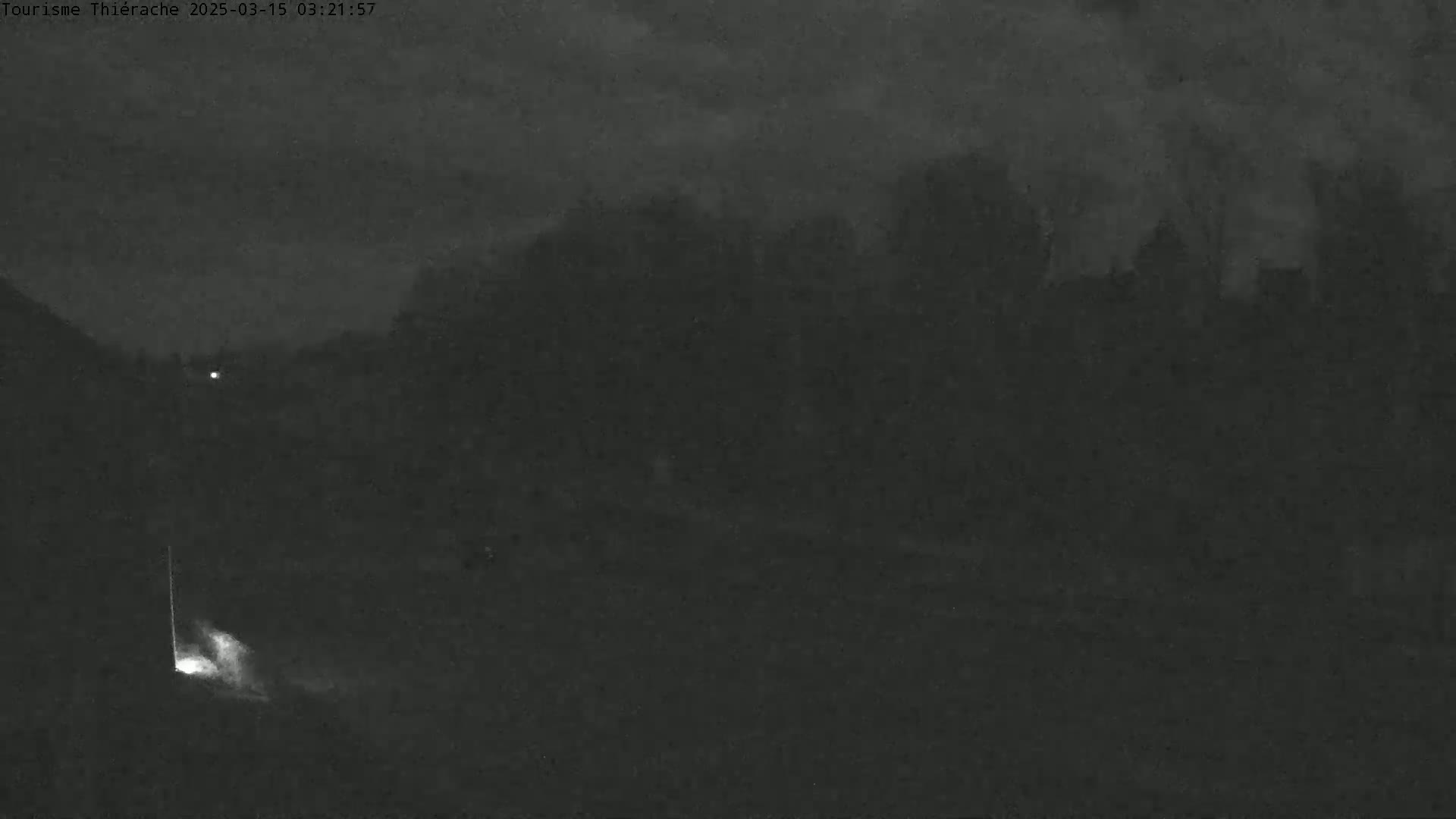 A dark, nighttime scene shows a dimly lit landscape with trees and a faint light source in the distance under a cloudy sky.