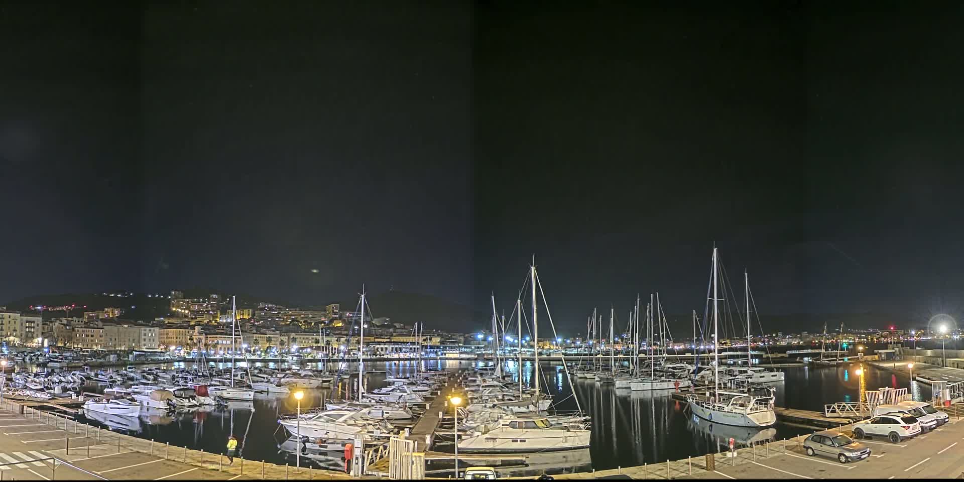 A nighttime view of a marina filled with numerous boats, docked against a backdrop of a city illuminated under a dark, clear sky.