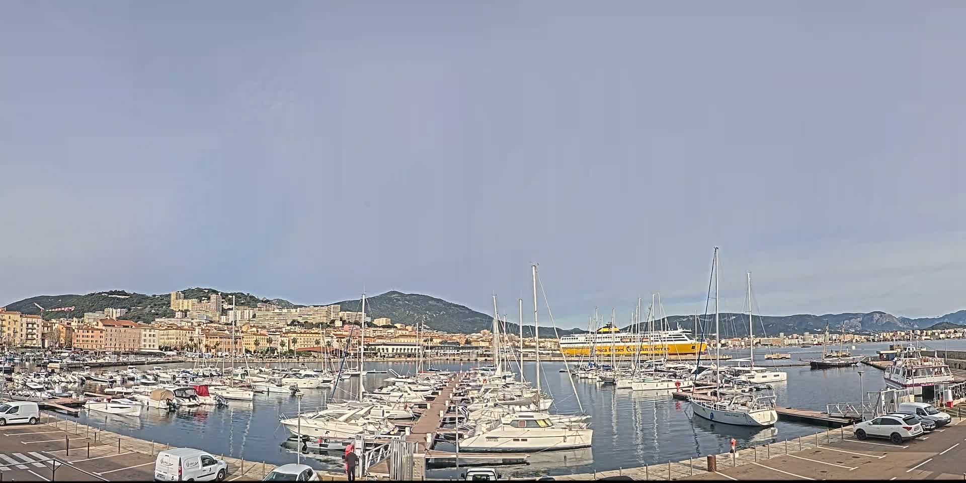 A harbor filled with numerous sailboats and motorboats is situated in front of a city nestled against a mountain range under a clear, light-blue sky.