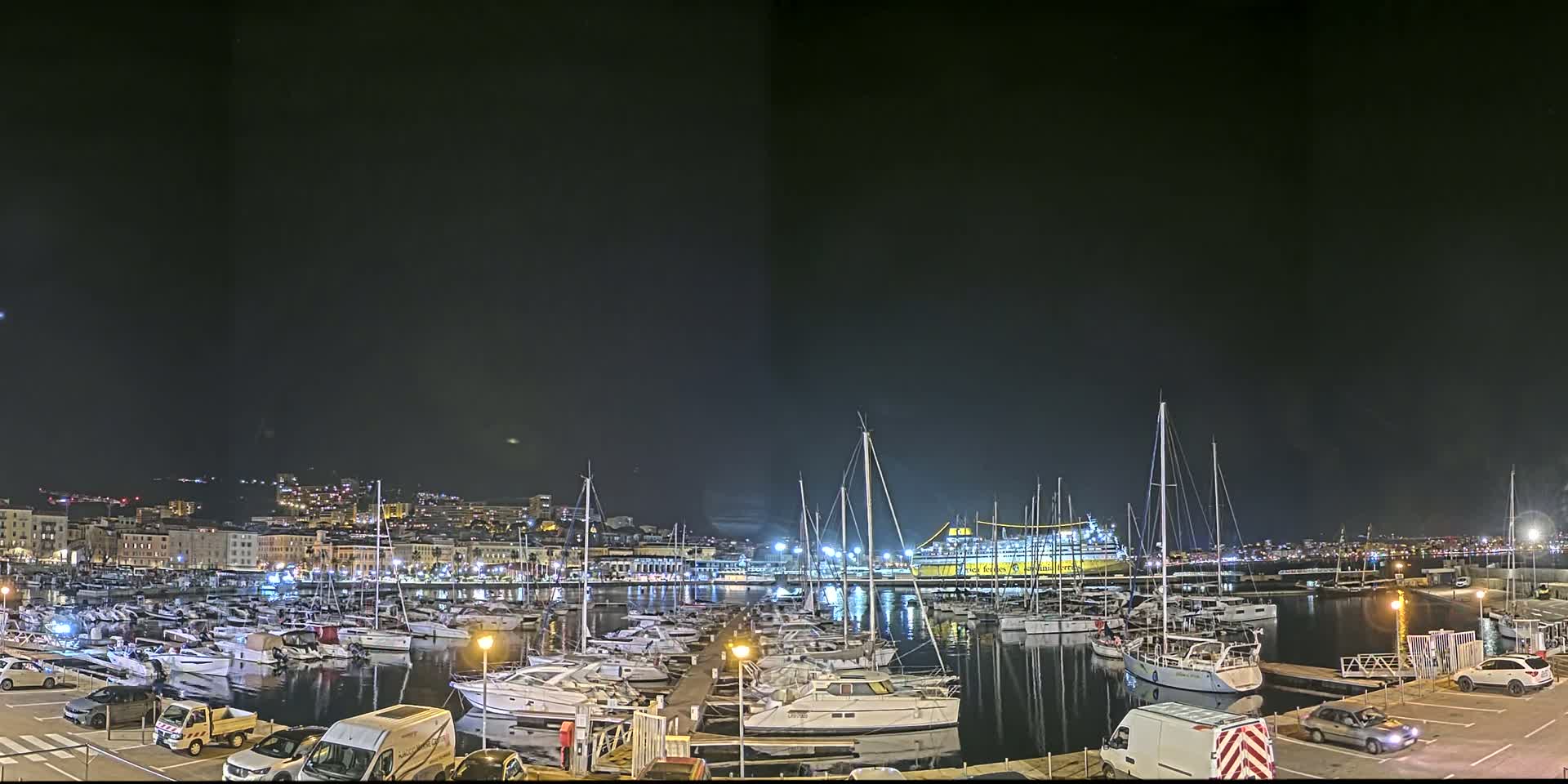A marina filled with docked boats at night under a clear, dark sky, with a city skyline visible in the background.