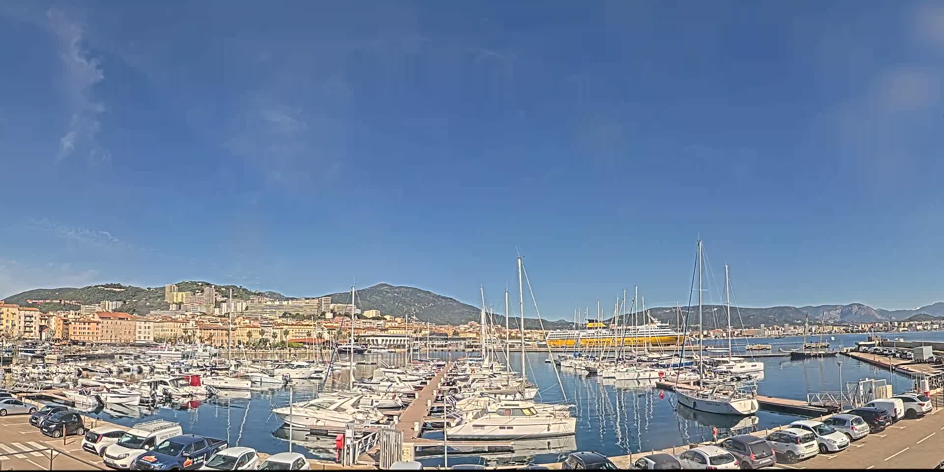 A harbor filled with sailboats and motorboats is situated near a city with hills in the background under a clear blue sky.